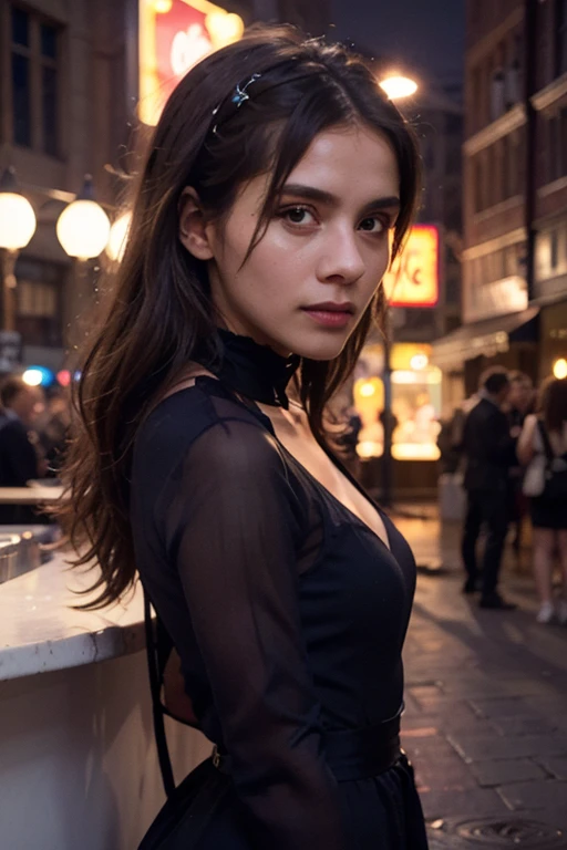 Alizee Jacotey, slim 16-year-old teenager, small breasts (small breasts: 1.2), skinny build, short black pageboy hair, photo quality, eye shadow and lipstick, portrait poses, stands on a cobblestone square at night by a street lamp glowing red to make a sophisticated portrait, wearing a black midi dress, straight midi dress with straps, low neckline.