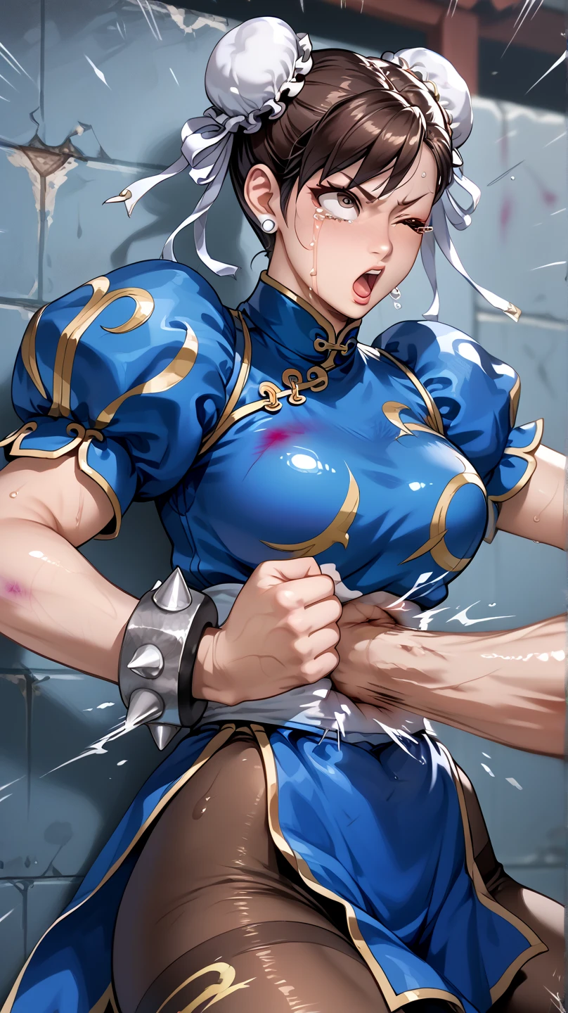 solo, master piece, top quality, ultla detailed, 8K, NSFW, gore, violence, (wooden horse crotch rub), (her arms behind back), tied arms, shibari, bondage, leaning back, BREAK, Chun-li, sf2 chun, hair buns, covered buns, chinese dress, qipao, blue outfit, puffy sleeves, brown pantyhose, white belt, (torn:1.3), black hair, large sagging breast, thick legs, frightened, teardrop, peril, BREAK, injury, (many wounds and laceration on body and face:1.2), blood splattered on face, (((swollen forehead and cheek:1.1))), ((bruised on face:1.2)), (((eye swollen almost shut:1.3))), drooling, vomit, bloodshes, prison, torture, cinematic lighting,