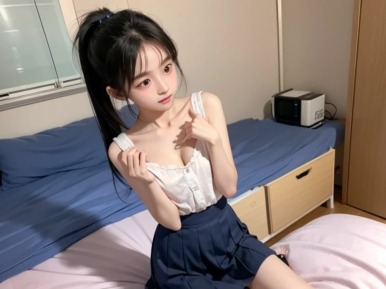 Top quality, Masterpiece, 超高分辨率, (Realistic, : 1.4), Original photo, (True skin texture: 1.3), (filmgrain: 1.3), in a panoramic view, Portrait, Very wide lens, Narrow waist, cowboy lens, (bangs, Inconspicuous, Cold light,) Night, Close-up, Tears, Short hair, neck long, ears sticking out, bangs, Big eyes, Brightly Colored Eyes, In the house, Dust, Tindall effect, (Facial expression), Sitting, (hitting a wall), Crying, Frowning, (Looking down), Nervousness, Tears, smiling happily
one girl, eyes and face with beautiful details, White jabot, pink dark V, Brown eyes,