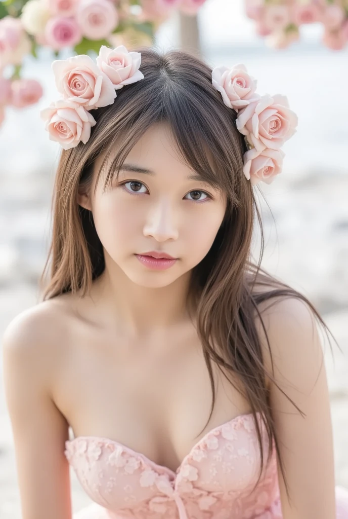 (extra detailed body、extra detailed face、best qualtiy:1.2)、femele、looking at the viewers、(pink bra、JINS)、(pink bougainvillea chaos in the background:1.4)no bangs, double eyelids,black hair, (Small Breasts)
