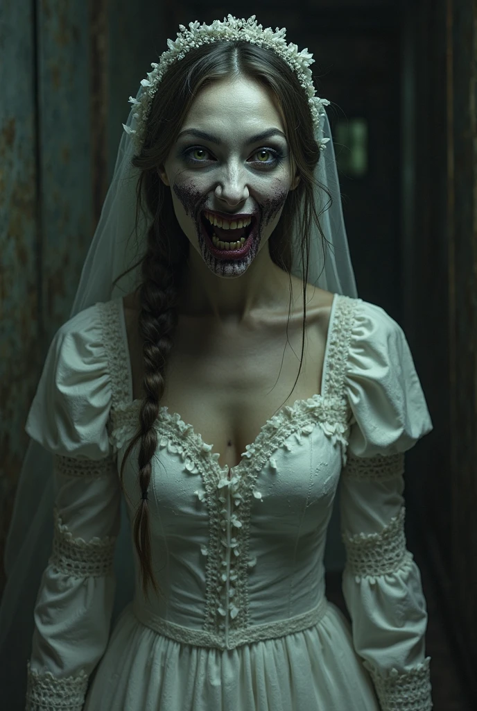 horror art, dread, Best quality, masterpiece, ultra high res, (photorealistic:1.4), gopro, Action shot of a terrifying ghost beaten by the viewer, kneeling, begging for mercy, (in arena), creepy, white dress, unnerving, unsettling, terrifying, 80mm, horror lighting, dynamic action