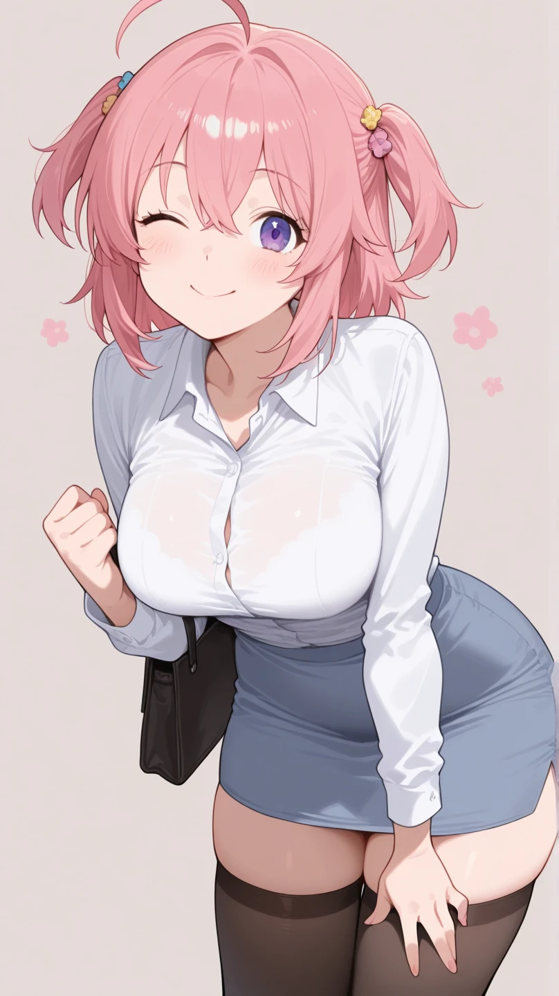 hight resolution, Nakano Nino, 1girl in, 1 boy,Pink hair, Short hair,cum in mouth,fellatio,1boy,penis,Colossal , butterfly hair ornament, Large breasts, cleavage, be shy,Green skirt, Black cardigan,white  shirt, Collared shirt, Open your clothes, Voluptuous thighs, extra limb, extra digit / fewer digit, Looking at Viewer,