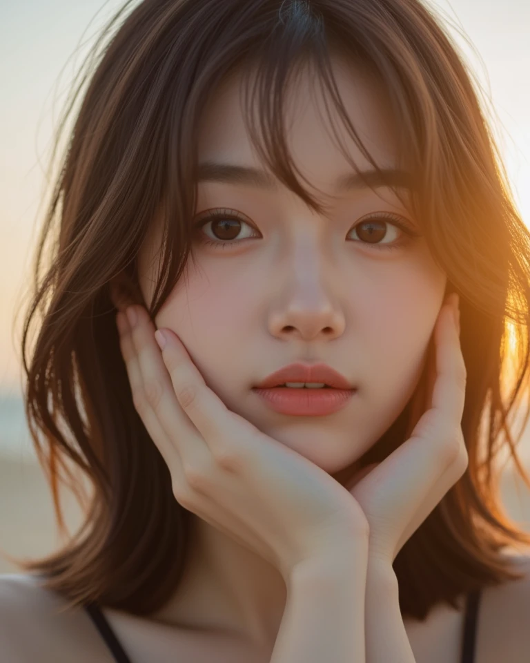 ((Highest quality)),((8K)),(Genuine)、(detailed)、(Beach)、(Bust up shot)、(Big Breasts)、Golden ratio of face to shoulder width、繊細でdetailedな鮮やかな美しい色の衣裳:1.4、Micro Bikini、Halter Neck Bikini、Glossy short bob、Glowing Skin、Japanese、beauty、Looking into the camera、Duck mouth、cute、Hehehe:1.2、Shot with a film camera、RAW shooting、#24、Genuine、フォトGenuine:1.4、Photon Mapping、Physically Based Rendering、Perfect Anatomy、detailedな目、detailedな二重、detailedな咬筋、detailedな鎖骨、Perfect Fingers、Finger Description、(品質 8K)、((White skin))、Avoid mascara、Hair with movement、detailedな毛穴、Natural light、detailedな描写、Blushing、Fine pores、Perfect cleavage、masterpiece、Blushing、Hair with movement、detailedな腹筋、Sparkling、Cowboy Pose、sexy、detailedな脇の下、(Big Breasts)、face closeup 、(Upper Body)、detailedな目元、