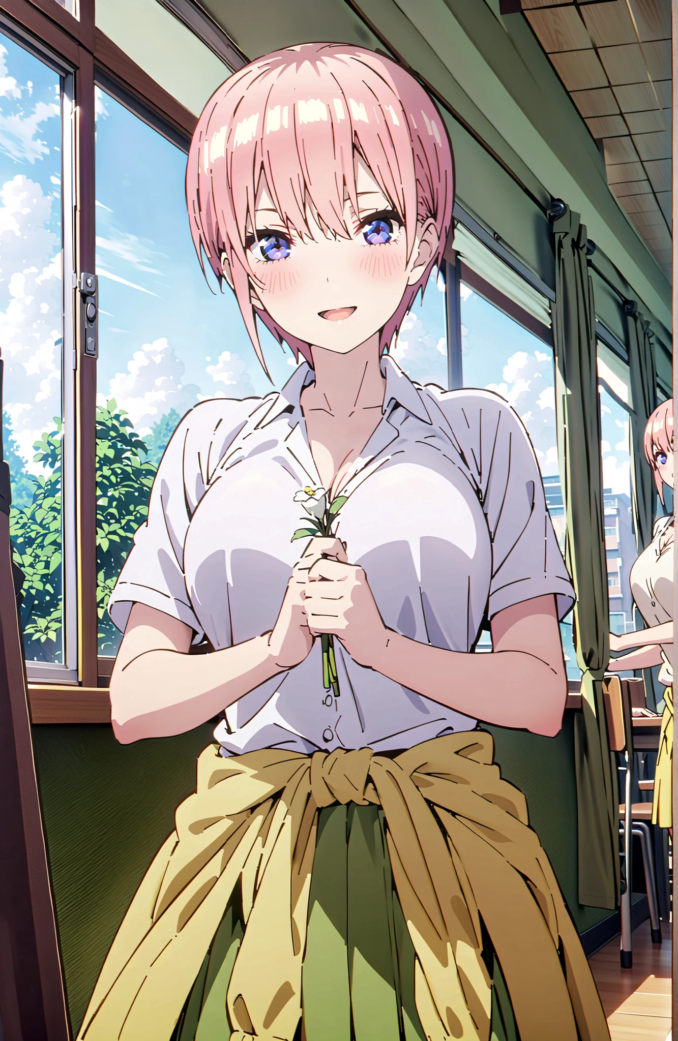 Nakano Ichika, short hair, bungs, blue eyes, hair between eyes, pink hair,Big Breasts, cleavage,in their 40s skirt, shirt, uniform, white shirt, Short Sleeves, green mini pleated skirt, collared shirt, white socks, yellow clothes around the waist,Short sleeve,I'm holding a yellow bouquet with both arms, Flower blowing snow,smile,blush,open your mouth,standing,curtains,window,machine,chairs, Beautiful Streetscapes,noon,blackboard,in their 40s indoors, Classroom,
in their 40s looking at viewer,full body,
in their 40s (masterpiece:1.2),Highest Quality ,Kampala,unity 8k 壁紙,(shape:0.8),( fine and beautiful eyes :1.6),It's a person ,full body写真,CG Details , (perfect hand in h,Complete Anatomy),