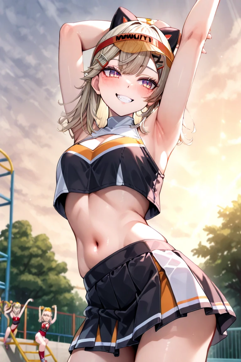Unity 8K Wallpaper, Masterpiece, Best Quality, Ultra Detailed, Extremely Detailed CG, Ultra High Resolution, Caustics, Detailed, Beautiful Detailed Eyes, solo, (portrait:1.3, athletics stadium, brighten the subject, running trunks, spread arms), sitting, smile, brown eyes, blunt bangs, medium hair, spread legs, yellow hair
