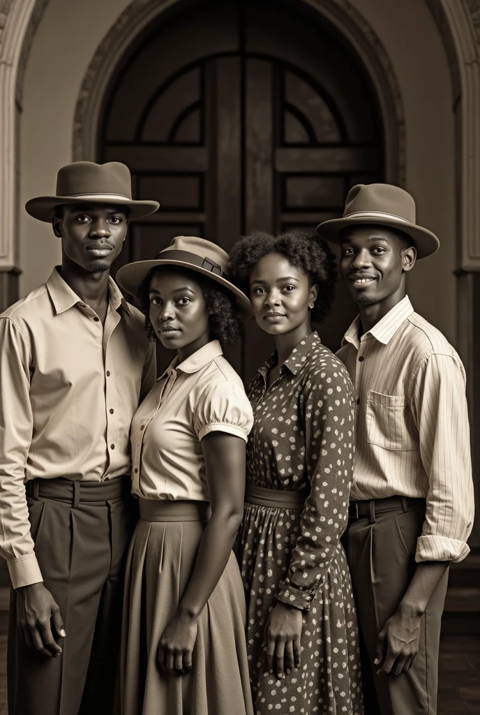 old photograph of an African-American family with a young African woman, long braided hair, darkskin, western film character, Sexy girl with brown eyes, 精致的面容, she is wearing a hat and is in a saloom, she&#39;s holding a winchester rifle, ultra realist, meticulously detailed, wearing period clothes with white lace. she is holding a winchester. The image is a photograph with grandfather, grandmother, Baba, mother and brothers