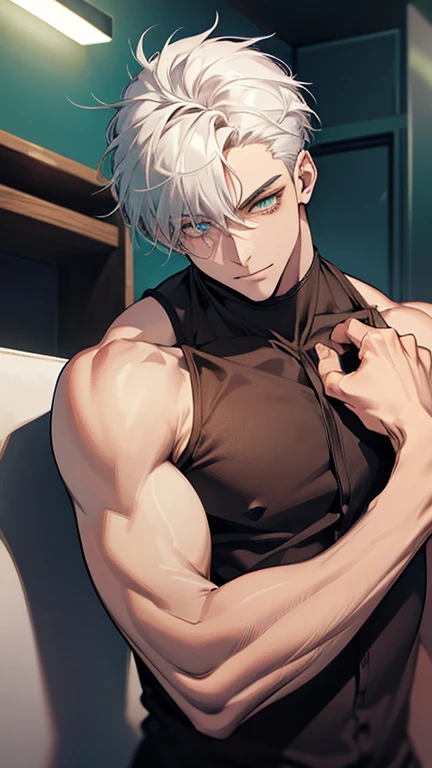 1 man, 35 years old, silver hair, short hair, muscular body, big muscles, big pecs, dressing room background, blushing, looking at the camera, angry, clenching teeth, undressing