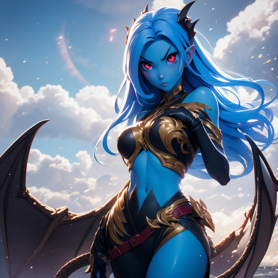 cgi, anime style, 1girl, woman, (emotional Erokawa:1.3) cute succubus, wings, full body, [:revealing costume design,:0.2], bombshell hair, black and azure hair, Mullets, pale lightsteelblue clothes, athletic hourglass figure, (african, dark skin:0.6),Necromancer's Wastes<lora:EnvyStarlight2.5D01:1>
