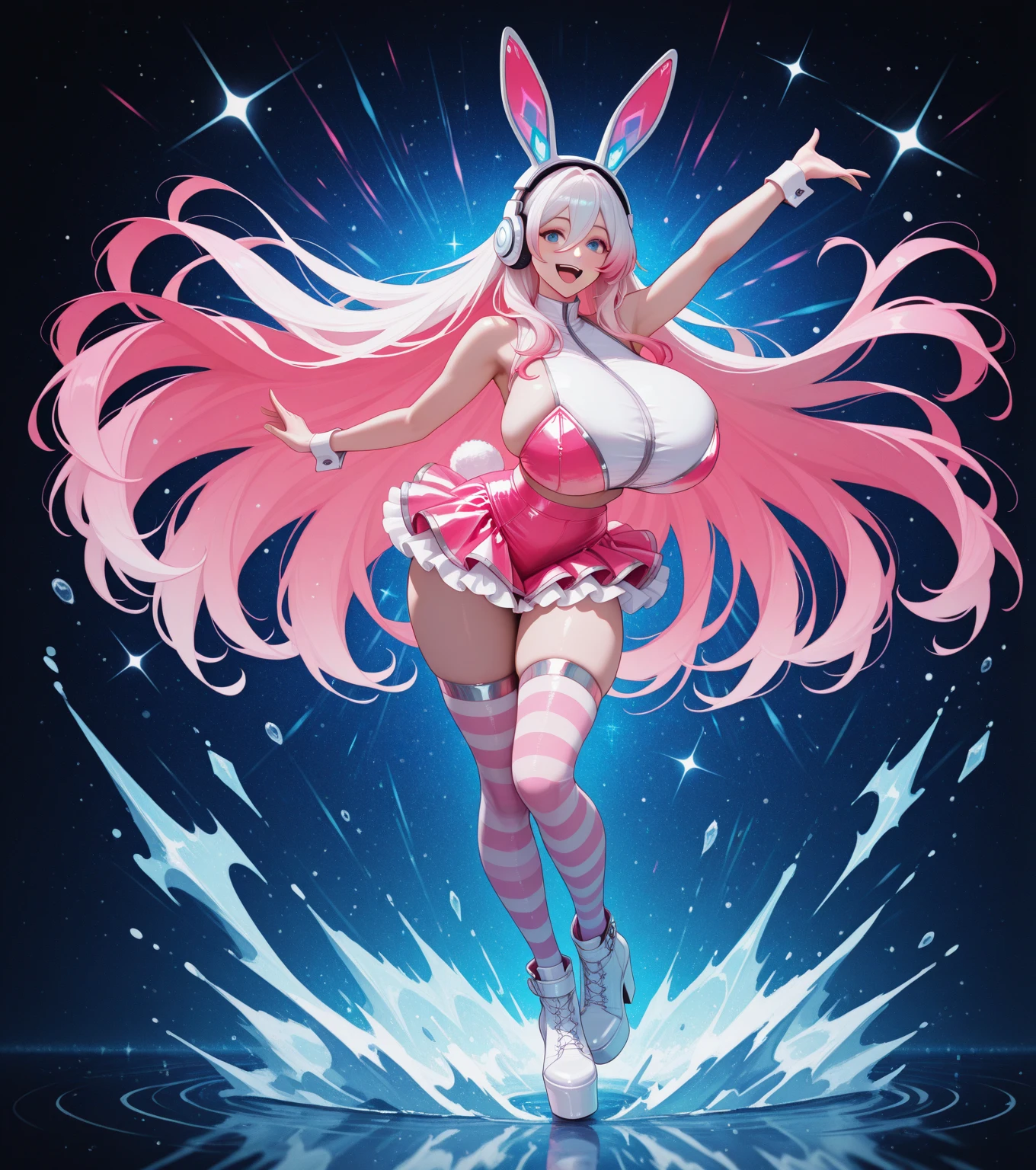 (RAW photo, best quality, masterpiece:1.2), (realistic, photo-realistic:1.4),(masterpiece:1.4),(best quality:1.4),1girl, solo, :d, animal ear headphones, animal ears, arms up, bangs, blush, bodysuit, breasts, bunny pose, clothes writing, covered navel, cowboy shot, cropped jacket, fake animal ears, gloves, outdoor,morning,snow, hair intakes, headphones, impossible bodysuit, impossible clothes, jacket, large breasts, latex, latex bodysuit, long hair, long sleeves, looking at viewer, large breasts, multicolored gloves, open mouth, pink bodysuit, pink eyes, red eyes, red jacket, shiny clothes, shrug \(clothing\), sidelocks, skin tight, smile, thigh gap, thighs, twintails, very long hair, white gloves, white hair,alice \(nikke\),(shiny skin),realistic, --auto