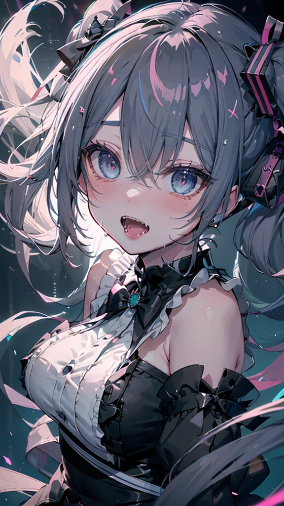 (masterpiece, top quality, very aesthetic, 4k、illustration), intricate detail, 1woman,solo,contrapposto 、(tareme)、Strong glowing eyes、blunt bangs,Fair skin,(upper body)、Enchanted、twintails、twin drills、(Blue lipstick),beautiful face、Blushing,(gradient hair)、multicolored hair,middle hair,sidelock ,blue eyes、gothic lolita dress、medium breasts、slender 、