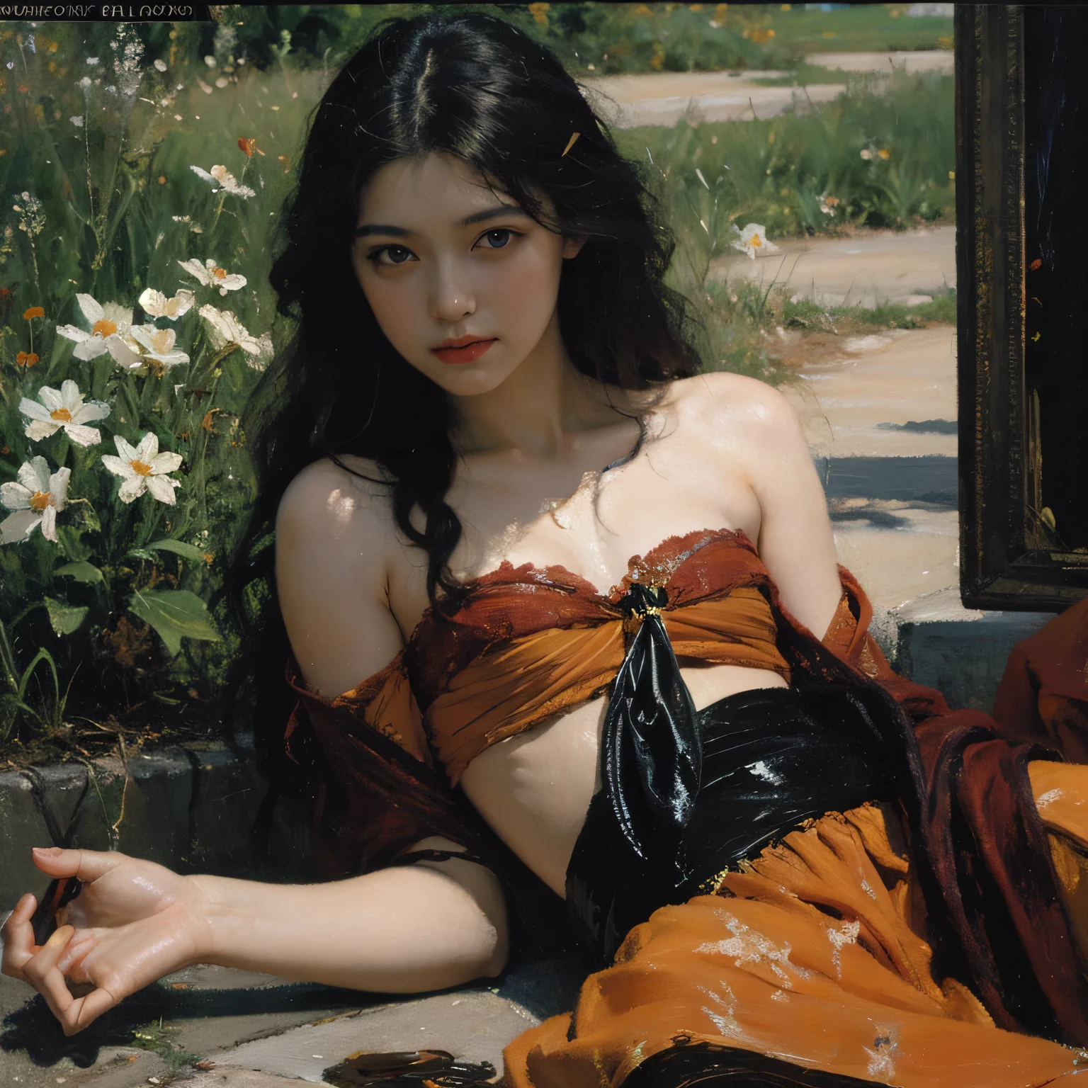 alone in the universe, in watercolor style, Photorealism, discreet golden and ruby and mint shades, (nude) a gentle, modest, thin girl of with a very beautiful, sophisticated face of the southern type with a short dark hairstyle with beautiful breasts with tender nipples (barefoot) in a long old green skirt walking in the distance (Across the desert) with a flask of wine, stunted little plants, drought, precious jewelry on the neck and chest and on the wrists, precious bracelets, ankle bracelets
