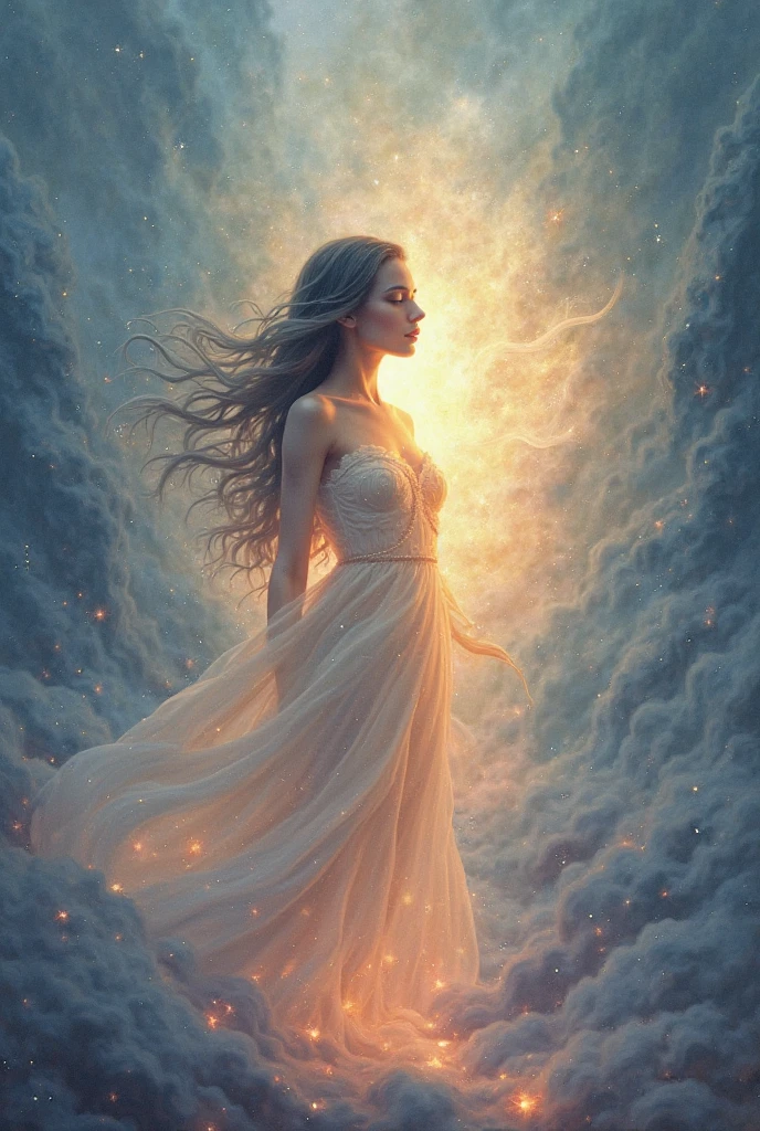 A mystical and ethereal scene featuring a long-haired woman gently releasing glowing orbs of light, symbolizing letting go on a spiritual journey. The woman appears serene and radiant, surrounded by a soft, mystical environment with floating feathers, light trails, and gentle clouds. The background is a blend of deep blues, purples, and golden hues, creating a sense of spiritual depth and transformation. The scene is bathed in a soft, glowing light, enhancing the feeling of serenity and spiritual elevation.