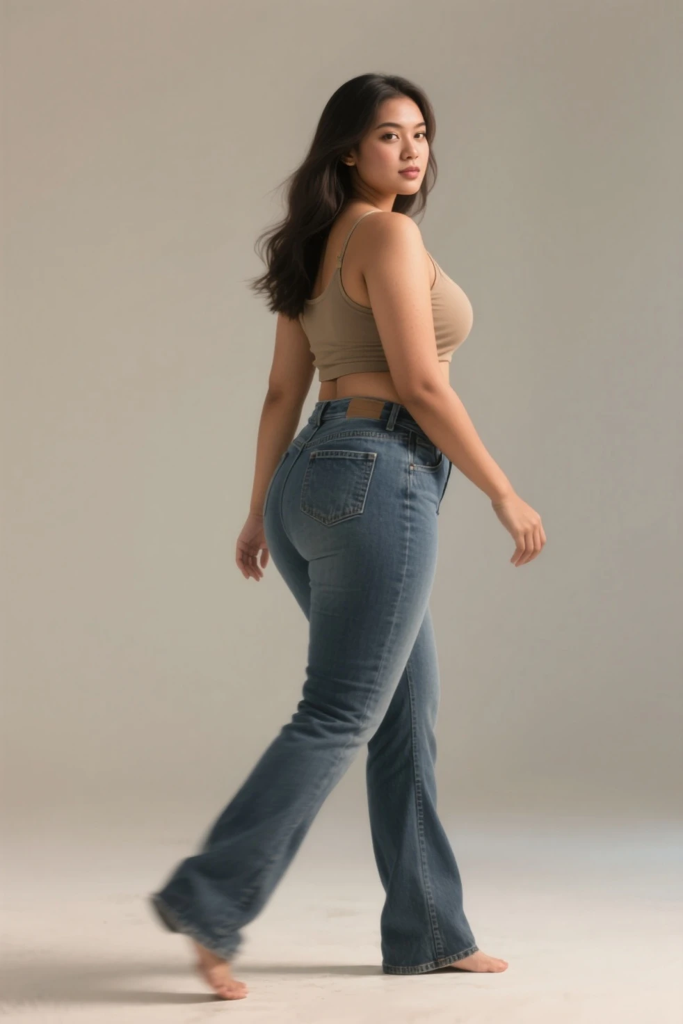 mix4, 20d, solo, long_hair,  look_at_viewer, (8k, RAW photo, best quality, masterpiece:1.2), (realistic, photo-realistic:1.37), professional lighting, photon mapping, radiosity, physically-based rendering,full body portrait barefoot woman with auburn hair in updo dancing wearing sleeveless blouse and loose pants of wrinkled silk fabric with cuffed ankles, chunky sapphire earrings, shoulder tilted, slight smile, standing in relaxed pose, white studio background,leaning forward,,Open mouth and laugh out loud, Different colors, Big butt, big breasts, thick thighs,long legs
