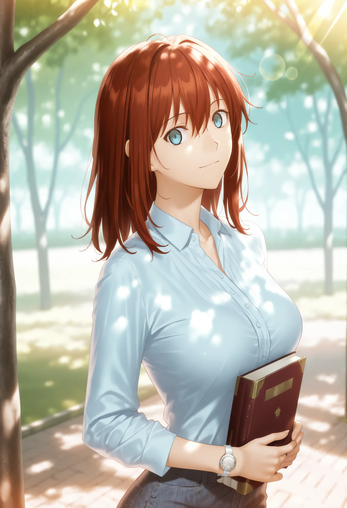 masterpiece, , absurdres, highres, detailed background, high resolution, masterpiece, necessary, detail, best quality, quality, necessary, details, High details, Precise, outdoors, (dappled sunlight), day, lens flare, blurry background, from above, solo, ,
1girl, , (type-moon,) style, koyama hirokazu style, ,, shiny skin, mole under mouth, , (head tilt), light smile, wrist watch, holding book,
tall girl, mature, slim body, slender body, brown red hair, medium hair, light blue eyes, , ,medium breasts, hair between eyes, tuck in white shirt, long sleeve, denim, looking at viewer,, (aged up:1.5), ,