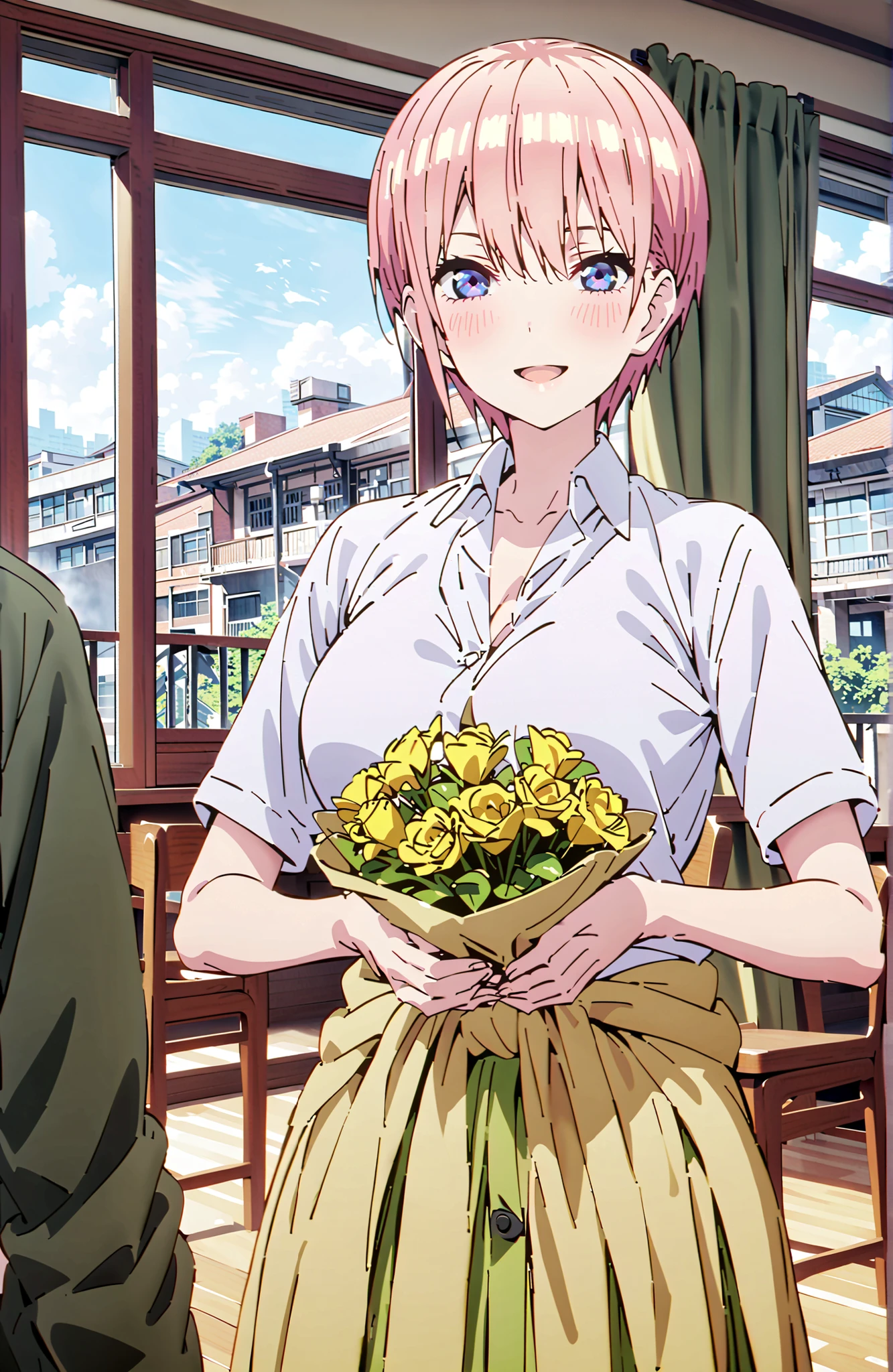 Nakano Ichika, short hair, bungs, blue eyes, hair between eyes, pink hair,Big Breasts, cleavage,in their 40s skirt, shirt, uniform, white shirt, Short Sleeves, green mini pleated skirt, collared shirt, white socks, yellow clothes around the waist,Short sleeve,I'm holding a yellow bouquet with both arms, Flower blowing snow,smile,blush,open your mouth,standing,curtains,window,machine,chairs, Beautiful Streetscapes,noon,blackboard,in their 40s indoors, Classroom,
in their 40s looking at viewer,full body,
in their 40s (masterpiece:1.2),Highest Quality ,Kampala,unity 8k 壁紙,(shape:0.8),( fine and beautiful eyes :1.6),It's a person ,full body写真,CG Details , (perfect hand in h,Complete Anatomy),
