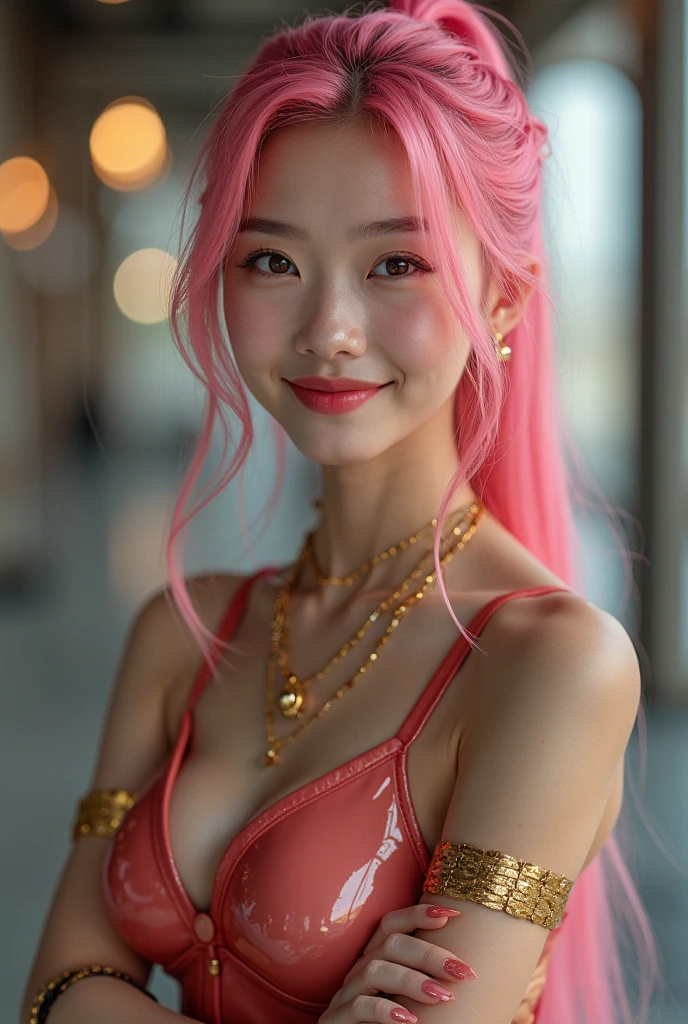 A sexy stylish female idol, glossy transparent lipstick, smiling face, defined eyebrows, long lashes, full body, wearing a sheer latex body in neon pink, colorful hair, (best quality,4k,8k,highres,masterpiece:1.2),ultra-detailed,(realistic,photorealistic,photo-realistic:1.37),extremely detailed eyes and face, long eyelashes, (nsfw)