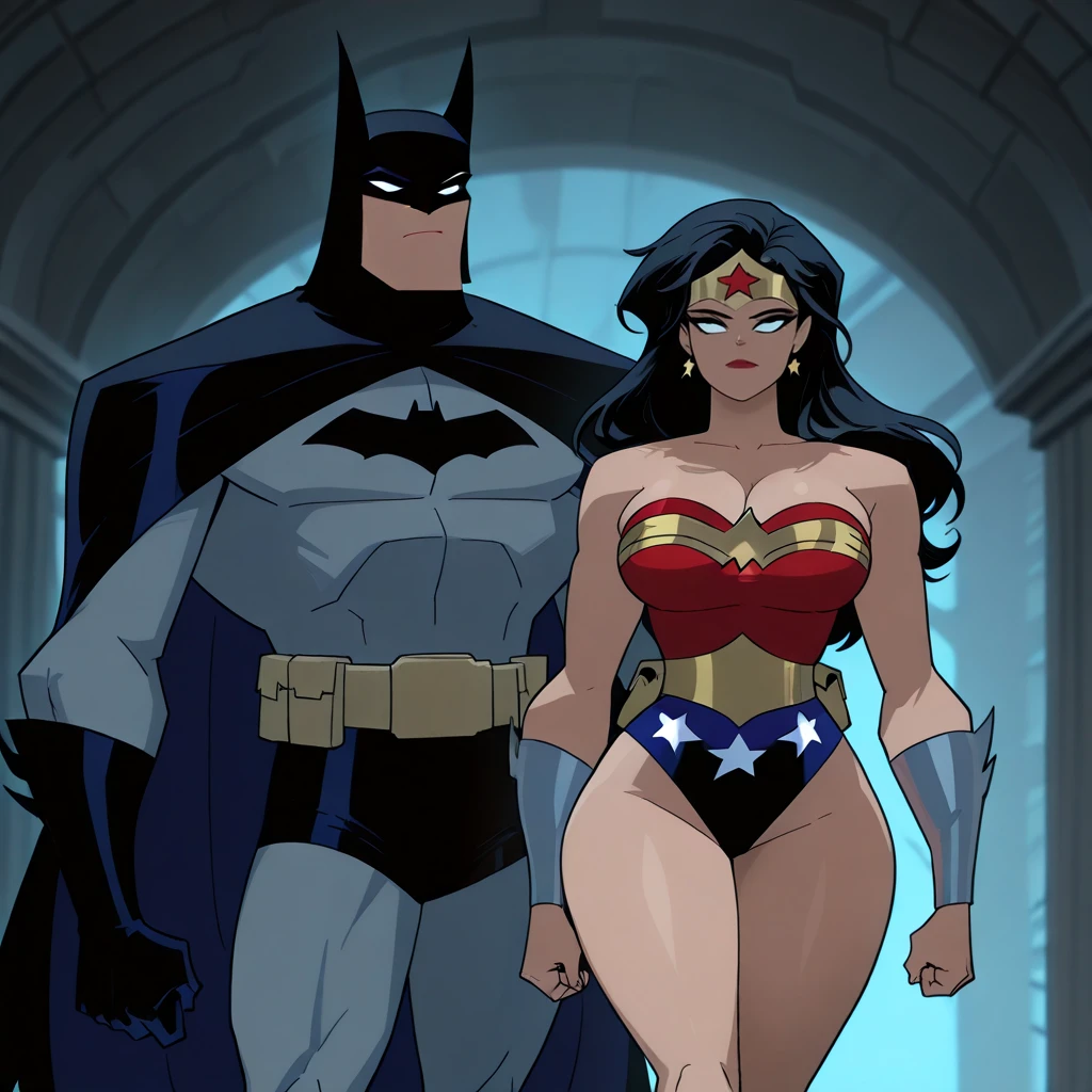  masterpiece, best quality, extreme detail, extremely detailed face, 1boy, 1girl, DC Comics, Batman, muscular male, broad shoulders, square jaw, black hair, white eyes, no pupils, narrow eyes, mask, cowl, bat ears, cape, black cape, black gloves, gray bodysuit, bat symbol, chest insignia, yellow belt, utility belt, black briefs, black boots, Wonder Woman, perfect anatomy, (perfect eyes), diana prince, long hair, black hair, blue eyes, full lips, red lipstick, bare shoulders, neckline, leotard, tiara, star earrings, ((big breasts)), ((wide hips)),  romantic_couple_poses,