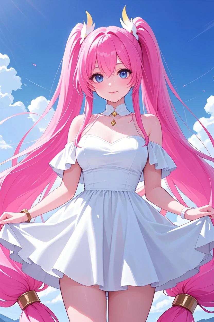 1_girl, (anime, kawai:2), (masterpeice, best_quality, clean:1.5), (sky_background:1.2), (cute, cute_smile, young:1.5), (delicate, beautiful, thin:1.5), (girlfriend, angel:1.8), (green_eyes, simple_eyes:1.5) (long_hair, blond_hair, wearing_pink_dress, pink_angel_wings, sexy_gloves:1.5), extremely_delicate, (love_magic:1.5), (age_size_fits_body), (small_thighs:1.3), (breasts), (eye_level:1.3), (heart_magic, love:1.5)