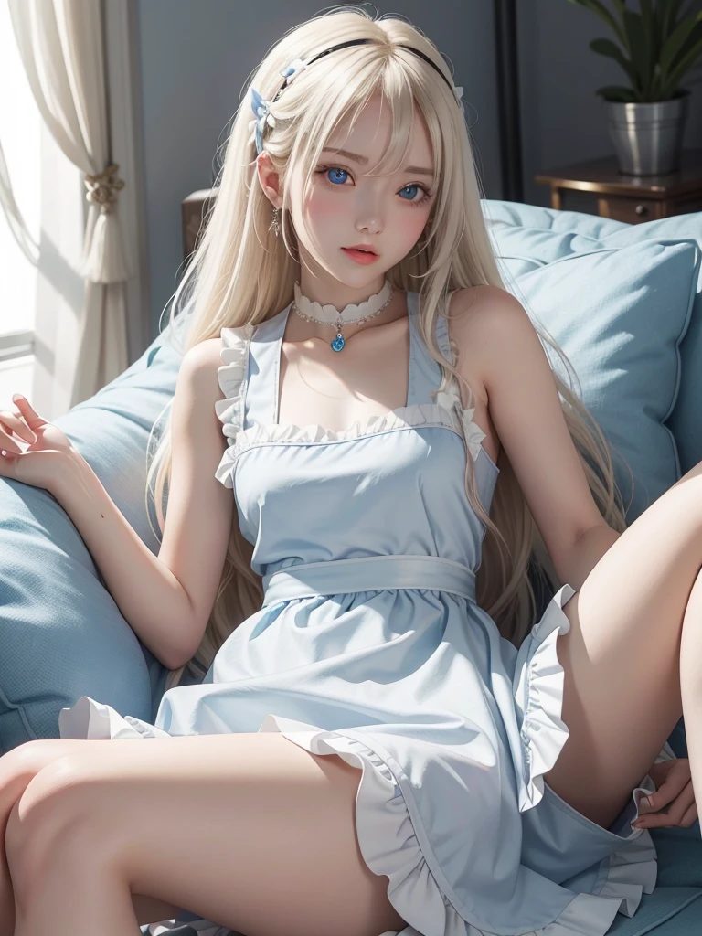 top-quality、超A high resolution、A picture、a photo of a cute girl,Rabbit ears、Detailed cute and beautiful face、(PureErosFace_V1:0.008)、beautiful bangs、alice in the wonderland、14years、White shiny skin、By bangs、Platinum blonde hair is extra-long, Straight hair is silky smooth、finer hair、Charming beautiful crystal clear blue eyes、White apron、a blue dress、nomake-up