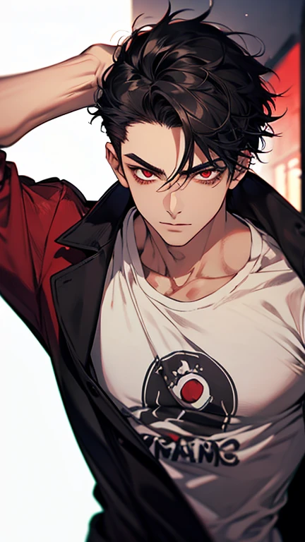 cartoon，boy，black hair，red pupils，Beautiful face，Slender and thin lips，Show forehead，With a headband，Short hair，male face