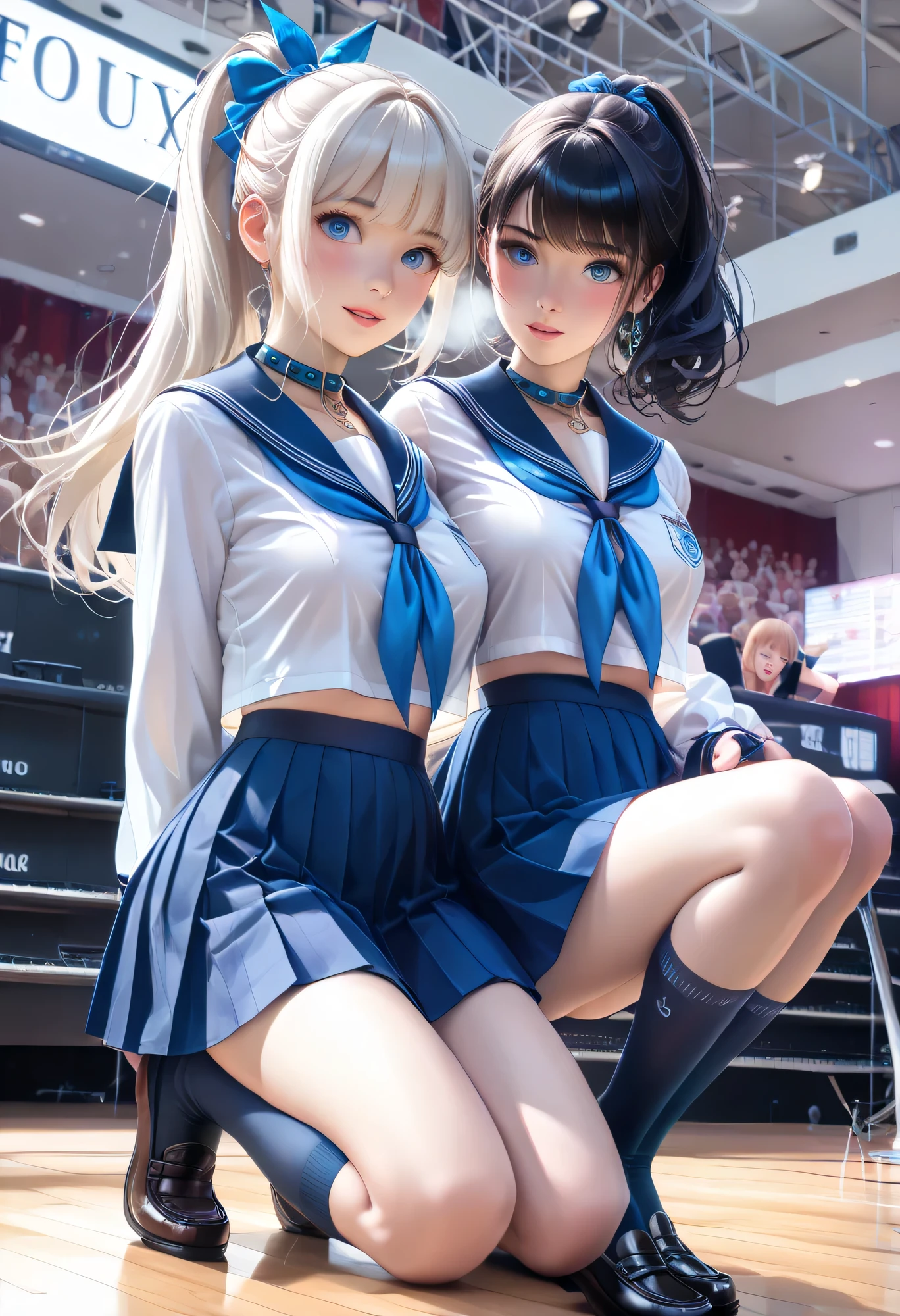 Highest Quality、high resolution、Detailed Background、 detailed expressions 、Detailed description of uniforms、female、Choir performance、
(The girls' choir is lined up in a row on the stage of a classical auditorium:1.5)、
The girls are all wearing navy blue sailor uniforms、The three white lines fit neatly into the collar and sleeves, and a pale sky blue ribbon is carefully tied at the front、Their skirts are plain navy blue with pleats、They are wearing black loafers and navy blue knee-high socks、Their hair is tied up in a neat ponytail with black or navy blue elastic bands, giving them a clean, streamlined look、Their sailor collars fall straight down along their spines、Their scarves flutter gently with each breath、A sense of serenity like the surface of water flows across the entire stage、The shape of their uniforms seems to emulate the order of the music、Every time their voices echo through the air、The elegance of their sailor uniforms is further accentuated、embarrassed expression、blushes、cute