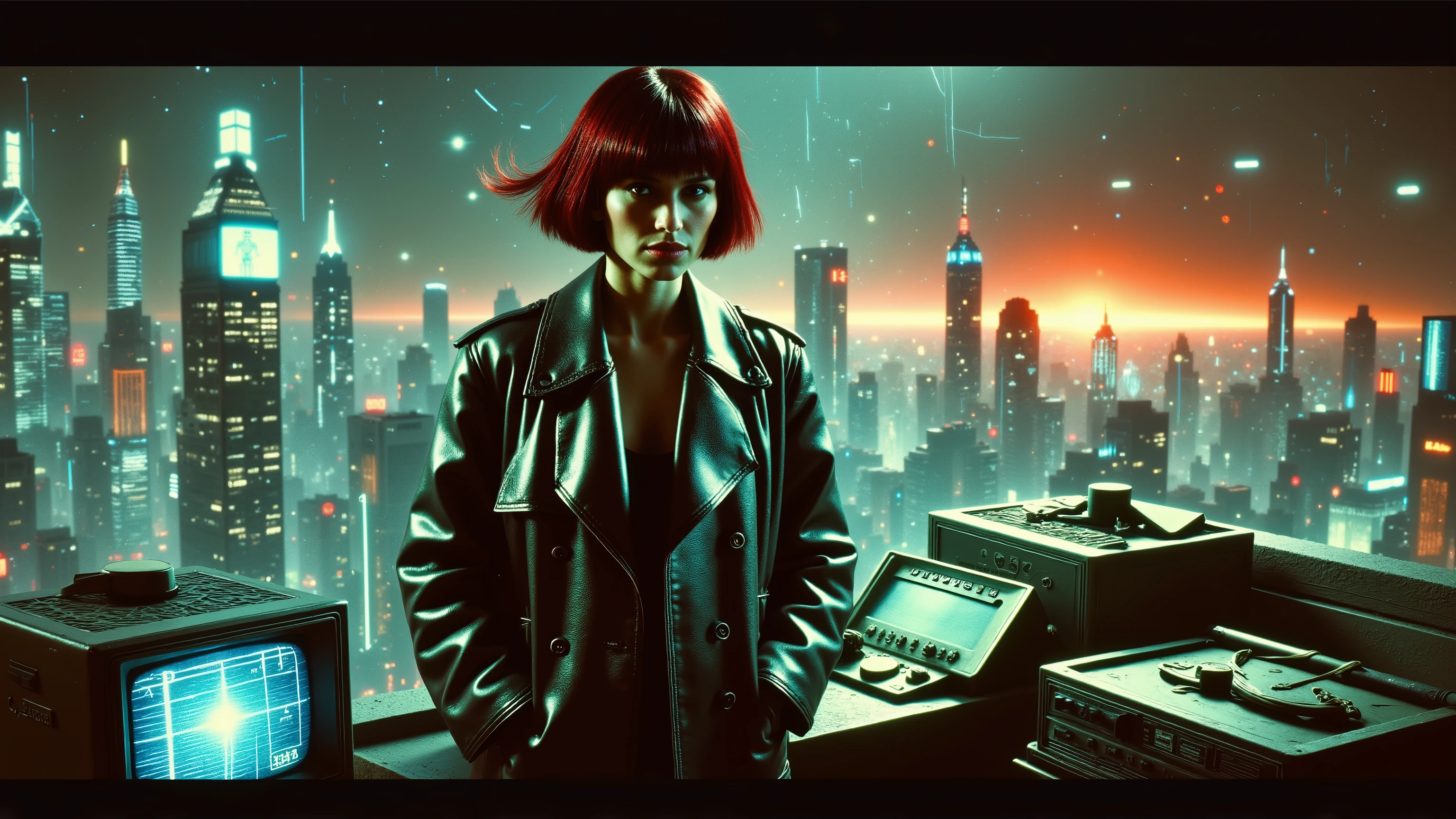 A beautiful cyberpunk woman with short red hair and a black leather trench coat standing on a rooftop ledge at night, overlooking the neon-lit city — wind blowing her coat, glowing cybernetic eye, 1980s synthwave cityscape behind her, old cathode-ray monitors next to her displaying glitchy data, subtle lens flare, orange glow on horizon, cinematic perspective — Blade Runner aesthetic, dramatic lighting, ultra-realistic, 4K