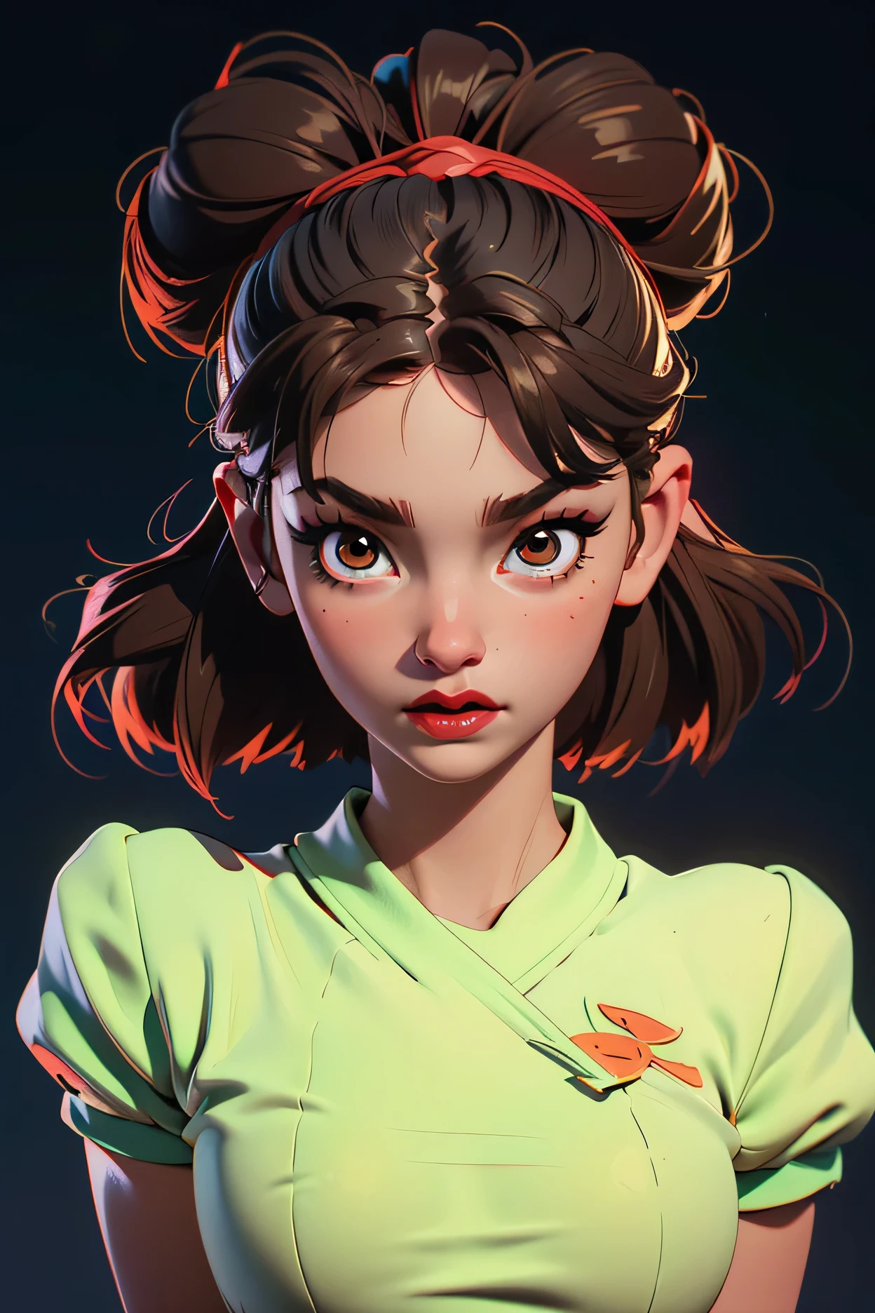 simple background, perfect face, hair bun, brown hair, (forehead), black thin eyebrows, big glowing brown eyes, thick red lipstick, beautiful woman, shirt, green shirt, medium breasts, pov, ((female asian)), asian, arms behind back