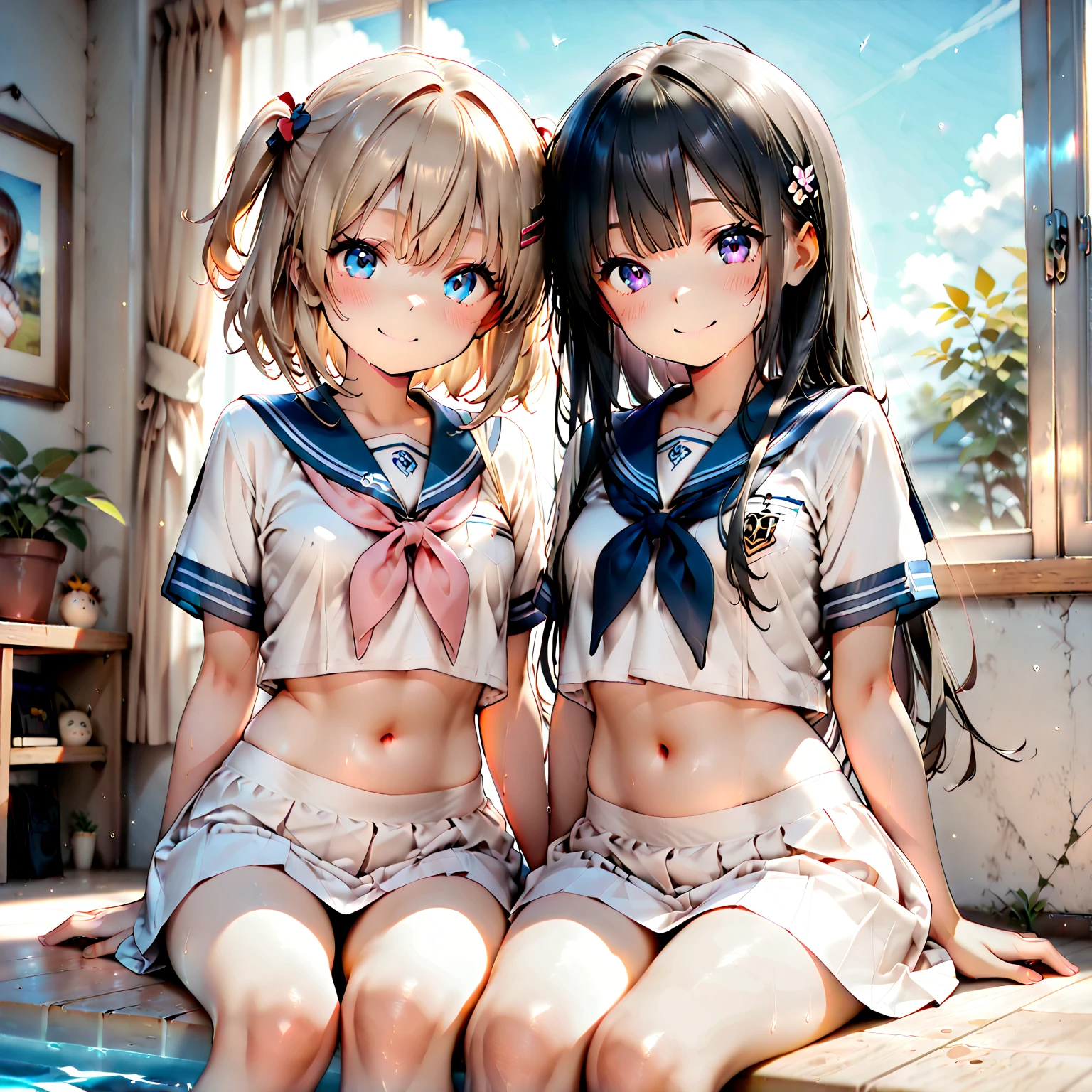 (Highest quality, 8k, 32K, masterpiece, Ultra-high resolution,:1.2),born, Two Girls,Super cute , Natural light,Clear, shining eyes, 20-year-old,Mid-chest ,Fair skin ,Blushed,Dynamic Lighting, At the top of the stairs, ((学born服)), On all fours, Close your legs, In the middle of the stairs, Shiny, Showing panties, White or blue panties, Camel Toe, Wedge Shape, Closeup Panties, From below