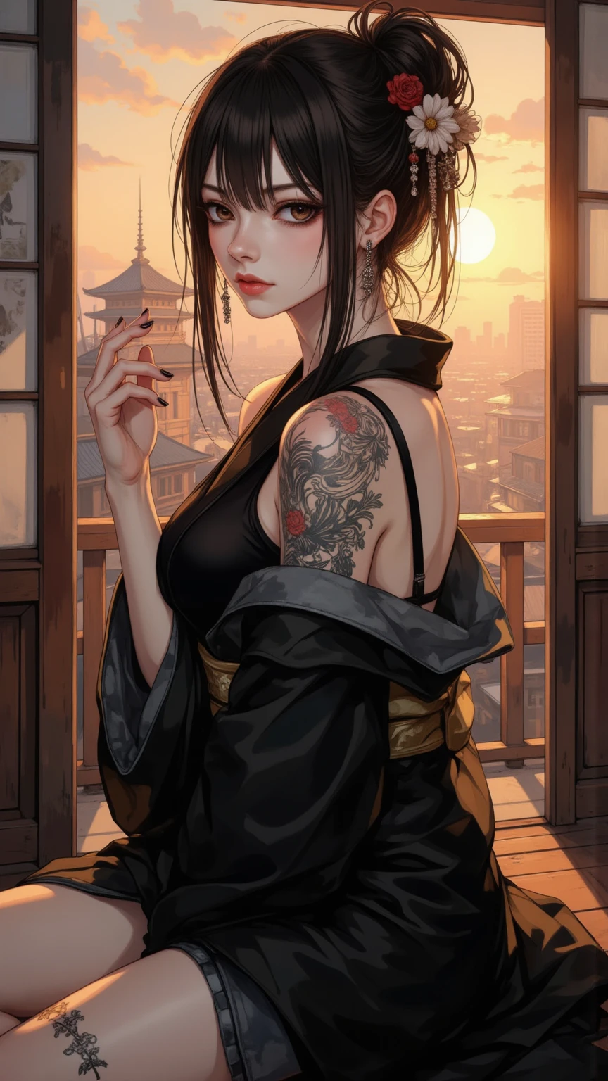 Anime of a samurai woman with a tattoo on her ????? that says the phrase D A M I A N C H A R L Y 