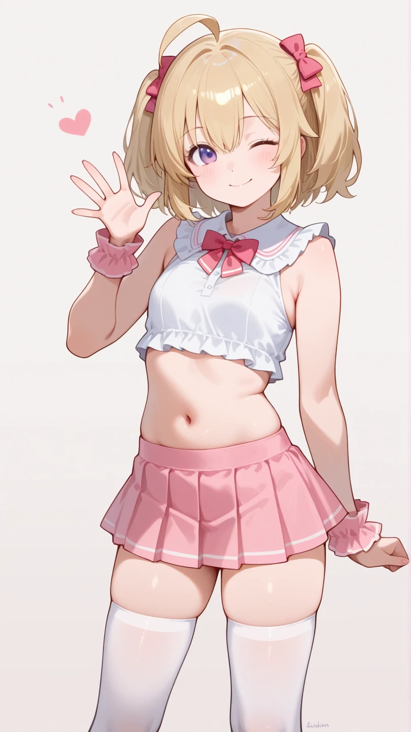 (Petite),(Crossdresser),blonde low twintails,Swimwear,Joyful expression,Groin bulge
