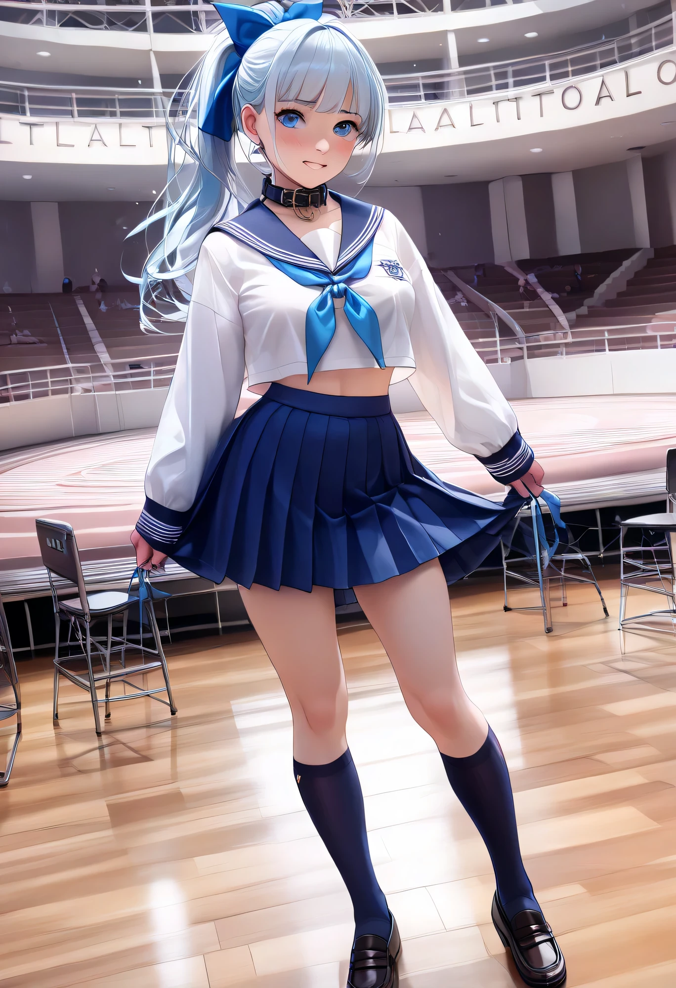 Highest Quality、high resolution、Detailed Background、 detailed expressions 、Detailed description of uniforms、female、Choir performance、
(The girls' choir is lined up in a row on the stage of a classical auditorium:1.5)、
The girls are all wearing navy blue sailor uniforms、The three white lines fit neatly into the collar and sleeves, and a pale sky blue ribbon is carefully tied at the front、Their skirts are plain navy blue with pleats、They are wearing black loafers and navy blue knee-high socks、Their hair is tied up in a neat ponytail with black or navy blue elastic bands, giving them a clean, streamlined look、Their sailor collars fall straight down along their spines、Their scarves flutter gently with each breath、A sense of serenity like the surface of water flows across the entire stage、The shape of their uniforms seems to emulate the order of the music、Every time their voices echo through the air、The elegance of their sailor uniforms is further accentuated、embarrassed expression、blushes、cute
