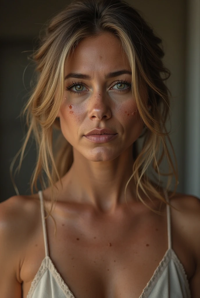 40 year old woman with wrinkles on her face, bright blue eyes:1.4, (photorealistic:1.4, extremely complex:1.3, radiation, photon mapping, dtx, 8 K), ((((heart necklace close up, White T-shirt, wet, [medium breast:Big breasts:0.8])), wet, [Skin detail:freckles:0.7], natural), Bock effect, blurred background, Focus on face