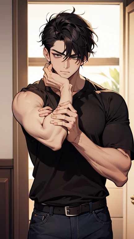 anime, male, muscular, tattoos, two horns protruding from hair, golden eyes, bangs, beautiful, handsome japanese demon, detailed digital anime art, short black hair in the undercut style, male anime character, inspired by tite kubo, mid 20s, masterpiece, light pencil strokes, broad shoulders, black tank top and sweatpants, modern day clothing, pointed elf ears, ear piercings, side profile