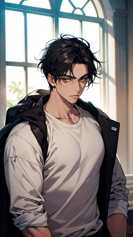 camera from torso to head, brown and wavy hair, strong man with black t-shirt