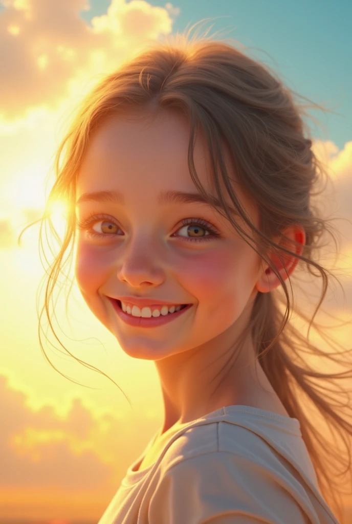 masterpiece, best quality, movie still, 1girl, cloud girl, floating in the sky, close-up, bright, happy, warm soft lighting, sunset, (sparks:0.7)