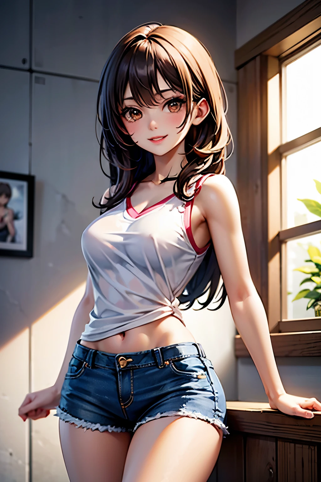 underwear、bra、shorts、Girl、Primary school students、small、sharp、Black Hair,、Pigtails、Braid、The forehead is visible、Forehead、