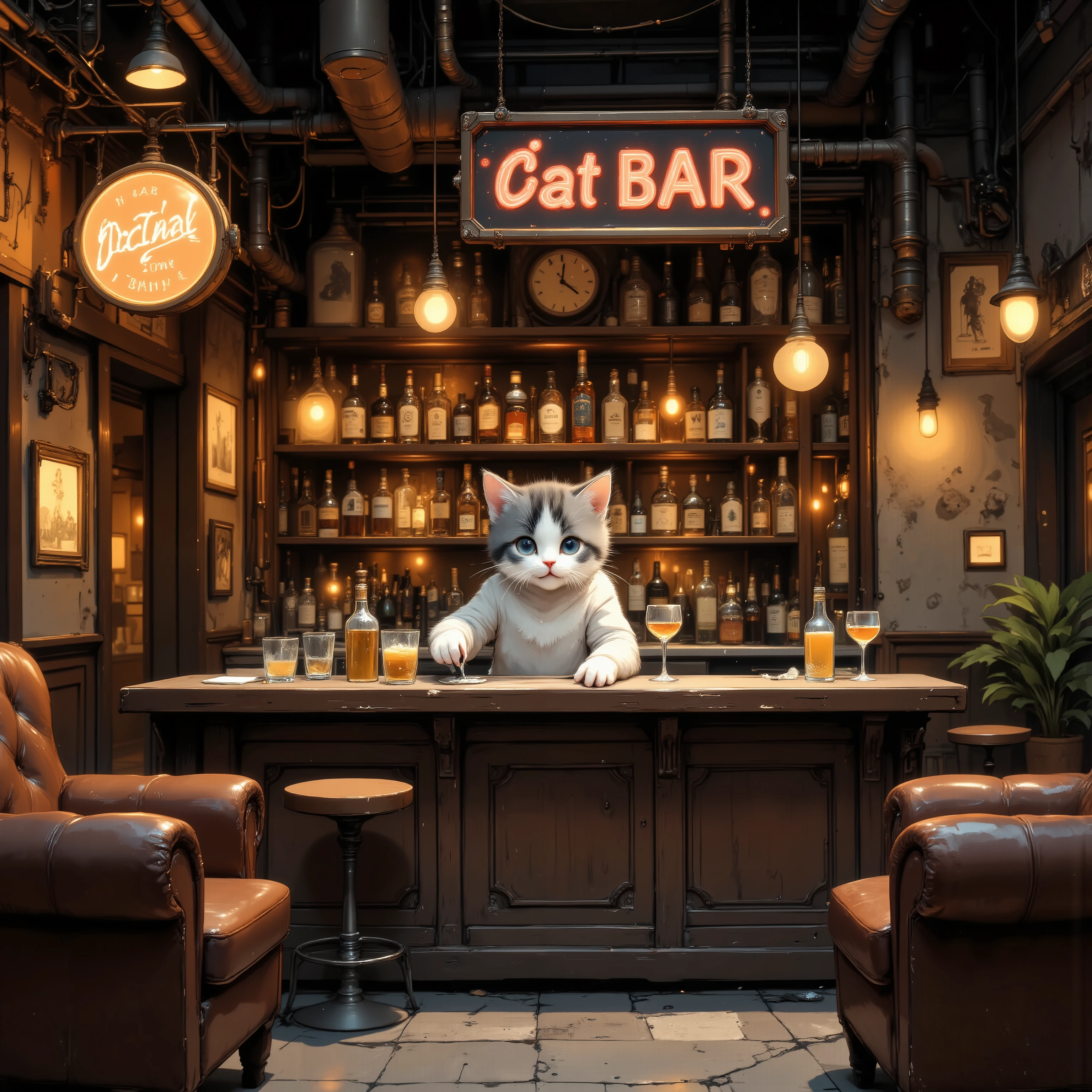  hideout, bar,vintage,cat bartender,1boy is Rei