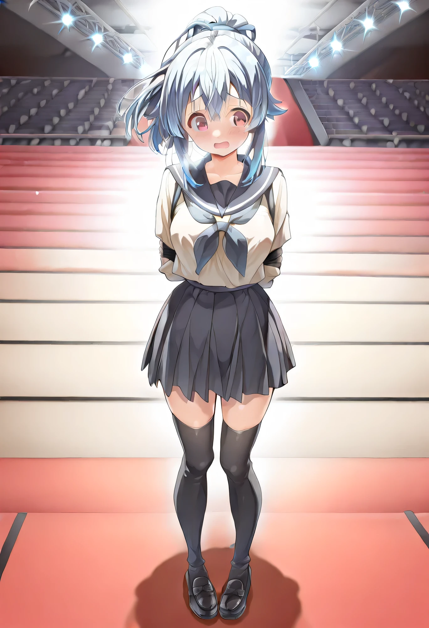 Highest Quality、high resolution、Detailed Background、 detailed expressions 、Detailed description of uniforms、female、Choir performance、
(The girls' choir is lined up in a row on the stage of a classical auditorium:1.5)、
The girls are all wearing navy blue sailor uniforms、The three white lines fit neatly into the collar and sleeves, and a pale sky blue ribbon is carefully tied at the front、Their skirts are plain navy blue with pleats、They are wearing black loafers and navy blue knee-high socks、Their hair is tied up in a neat ponytail with black or navy blue elastic bands, giving them a clean, streamlined look、Their sailor collars fall straight down along their spines、Their scarves flutter gently with each breath、A sense of serenity like the surface of water flows across the entire stage、The shape of their uniforms seems to emulate the order of the music、Every time their voices echo through the air、The elegance of their sailor uniforms is further accentuated、embarrassed expression、blushes、cute