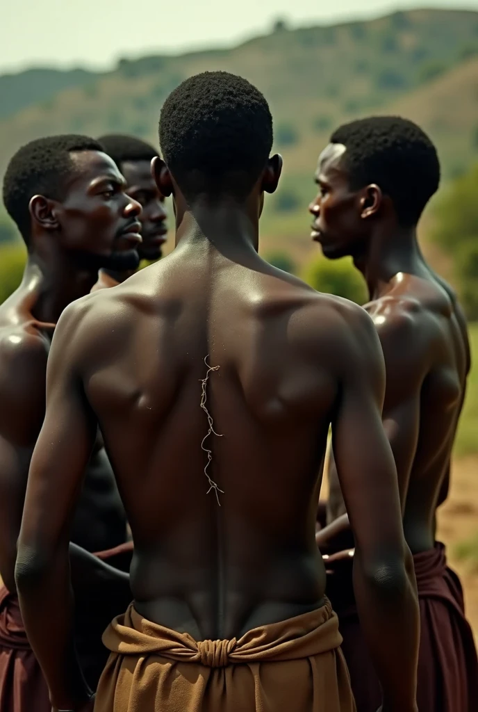man tightening rope noose around congolese woman's neck, short hair, curly mullet , age 16, naked, 1 woman, man putting rope around woman's neck, woman serious expression, woman empty expression, wide-eyed, scared, execution by hanging, gallows