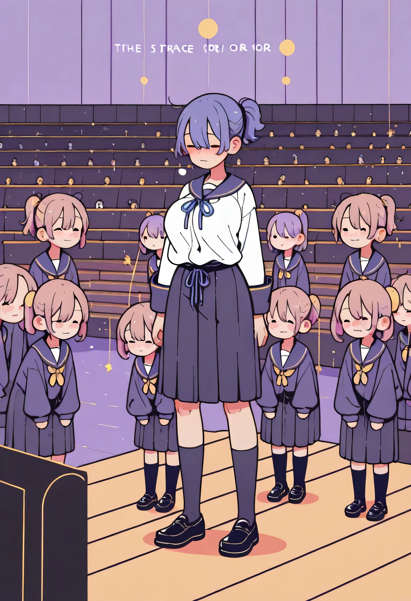 Highest Quality、high resolution、Detailed Background、 detailed expressions 、Detailed description of uniforms、female、Big Breasts、Choir performance、
(The girls' choir is lined up in a row on the stage of a classical auditorium:1.5)、
The girls are all wearing navy blue sailor uniforms、The three white lines fit neatly into the collar and sleeves, and a pale sky blue ribbon is carefully tied at the front、Their skirts are plain navy blue with pleats、They are wearing black loafers and navy blue knee-high socks、Their hair is tied up in a neat ponytail with black or navy blue elastic bands, giving them a clean, streamlined look、Their sailor collars fall straight down along their spines、Their scarves flutter gently with each breath、A sense of serenity like the surface of water flows across the entire stage、The shape of their uniforms seems to emulate the order of the music、Every time their voices echo through the air、The elegance of their sailor uniforms is further accentuated、embarrassed expression、blushes、cute