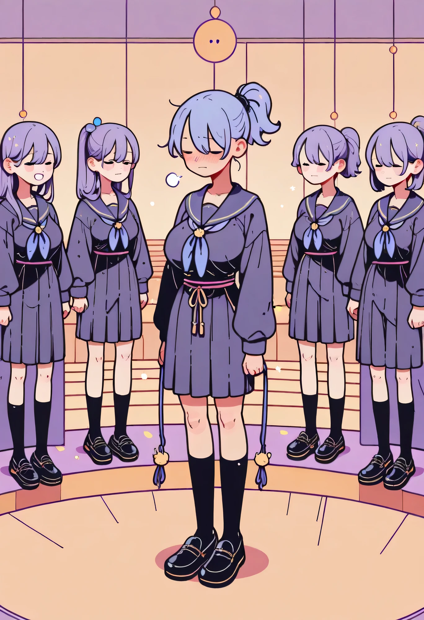 Highest Quality、high resolution、Detailed Background、 detailed expressions 、Detailed description of uniforms、female、Big Breasts、Choir performance、
(The girls' choir is lined up in a row on the stage of a classical auditorium:1.5)、
The girls are all wearing navy blue sailor uniforms、The three white lines fit neatly into the collar and sleeves, and a pale sky blue ribbon is carefully tied at the front、Their skirts are plain navy blue with pleats、They are wearing black loafers and navy blue knee-high socks、Their hair is tied up in a neat ponytail with black or navy blue elastic bands, giving them a clean, streamlined look、Their sailor collars fall straight down along their spines、Their scarves flutter gently with each breath、A sense of serenity like the surface of water flows across the entire stage、The shape of their uniforms seems to emulate the order of the music、Every time their voices echo through the air、The elegance of their sailor uniforms is further accentuated、embarrassed expression、blushes、cute