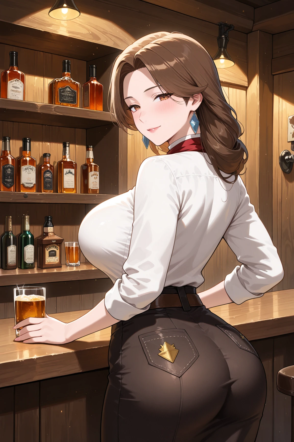 masterpiece, best quality, cowboy shot, mature woman, bob hairstyle, black hair, mature face, hot face, drunk, sharp eyes, medium breasts, curvy body, hazel eyes, unbuttoned white shirt, looking at viewer, very close to viewer, face to face, tough appearance, in the bar, holding beer, sitting across table
((looking drunk),