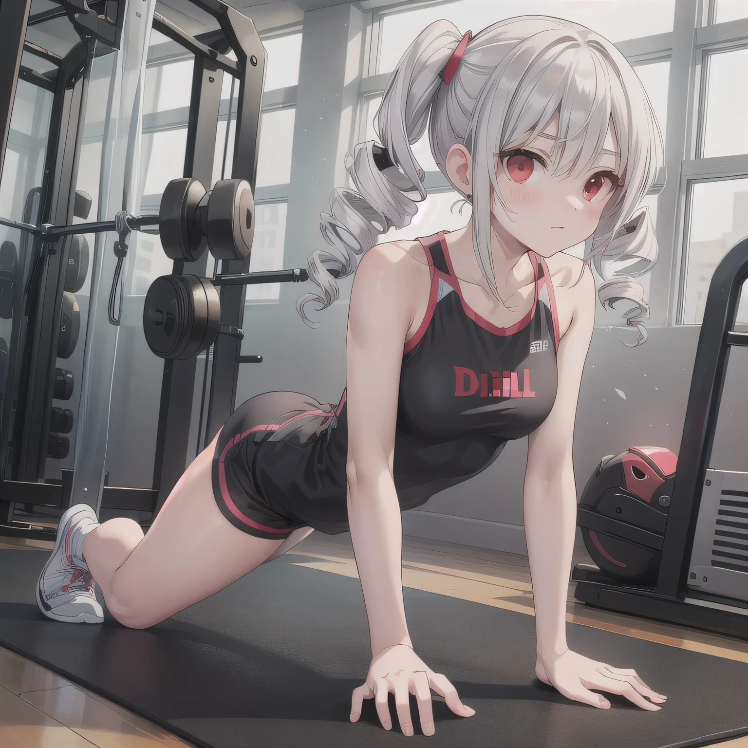 A person doing a plank exercise on a mat in a fitness gym, minimal equipment, bright interior. (Drill Hair: 1.5), White Hair, Long Hair, (Red Eyes: 1.5), Twin Drills.