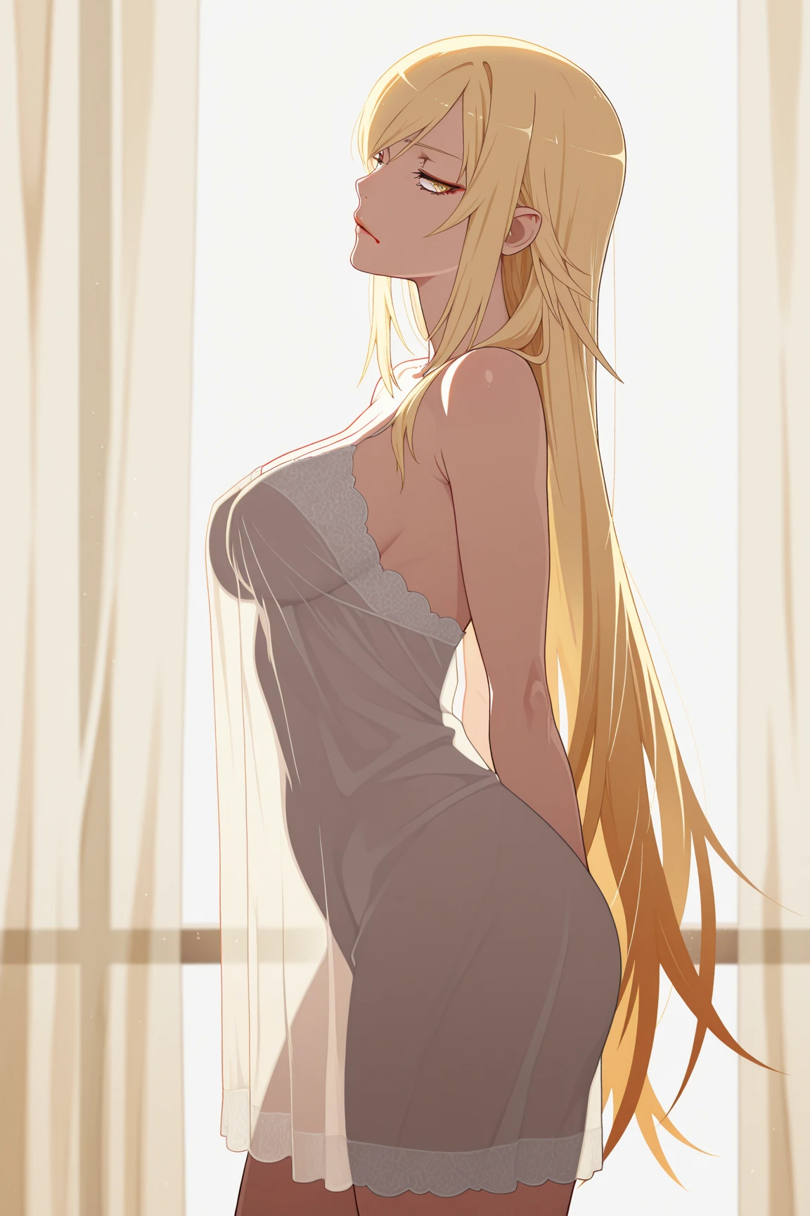 blonde girl in a sexy elegant dress, medium chest, big butt