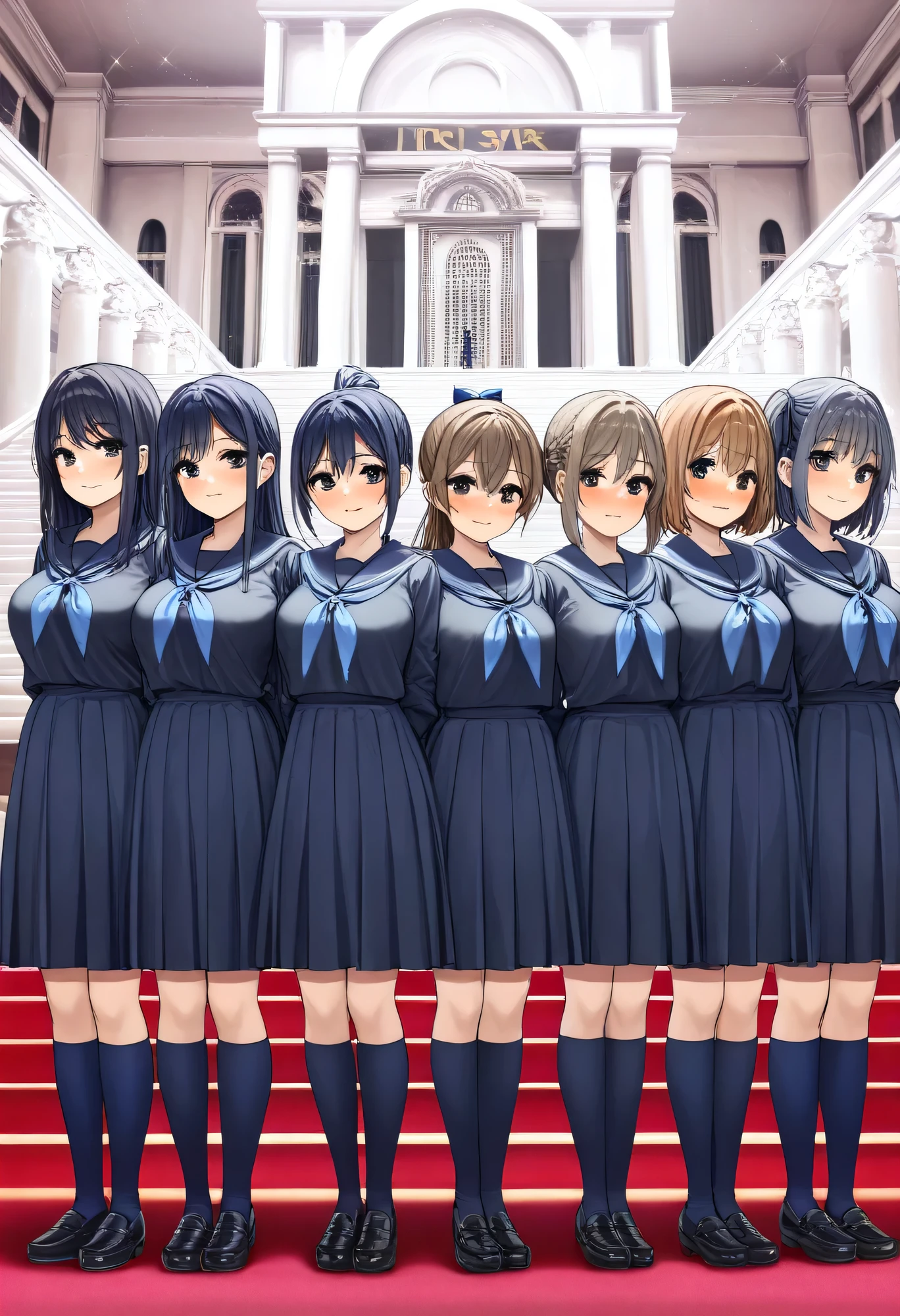 Highest Quality、high resolution、Detailed Background、 detailed expressions 、Detailed description of uniforms、female、Big Breasts、Choir performance、
(The girls' choir is lined up in a row on the stage of a classical auditorium:1.5)、
The girls are all wearing navy blue sailor uniforms、The three white lines fit neatly into the collar and sleeves, and a pale sky blue ribbon is carefully tied at the front、Their skirts are plain navy blue with pleats、They are wearing black loafers and navy blue knee-high socks、Their hair is tied up in a neat ponytail with black or navy blue elastic bands, giving them a clean, streamlined look、Their sailor collars fall straight down along their spines、Their scarves flutter gently with each breath、A sense of serenity like the surface of water flows across the entire stage、The shape of their uniforms seems to emulate the order of the music、Every time their voices echo through the air、The elegance of their sailor uniforms is further accentuated、embarrassed expression、blushes、cute