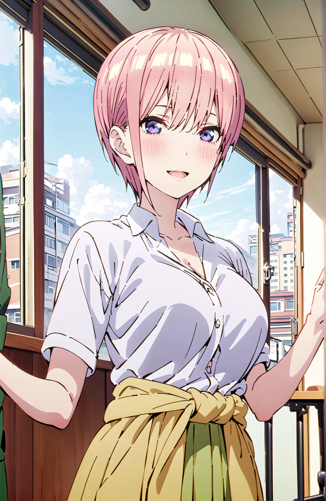 Nakano Ichika, short hair, solo,bungs, blue eyes, hair between eyes, pink hair,Big Breasts, cleavage,in their 40s skirt, shirt, uniform, white shirt, Short Sleeves, green mini pleated skirt, collared shirt, white socks, yellow clothes around the waist,Short sleeve,I'm holding a yellow bouquet with both arms, Flower blowing snow,smile,blush,open your mouth,standing,curtains,window,machine,chairs, Beautiful Streetscapes,noon,blackboard,in their 40s indoors, Classroom,
in their 40s looking at viewer,full body,
in their 40s (masterpiece:1.2),Highest Quality ,Kampala,unity 8k 壁紙,(shape:0.8),( fine and beautiful eyes :1.6),It's a person ,full body写真,CG Details , (perfect hand in h,Complete Anatomy),