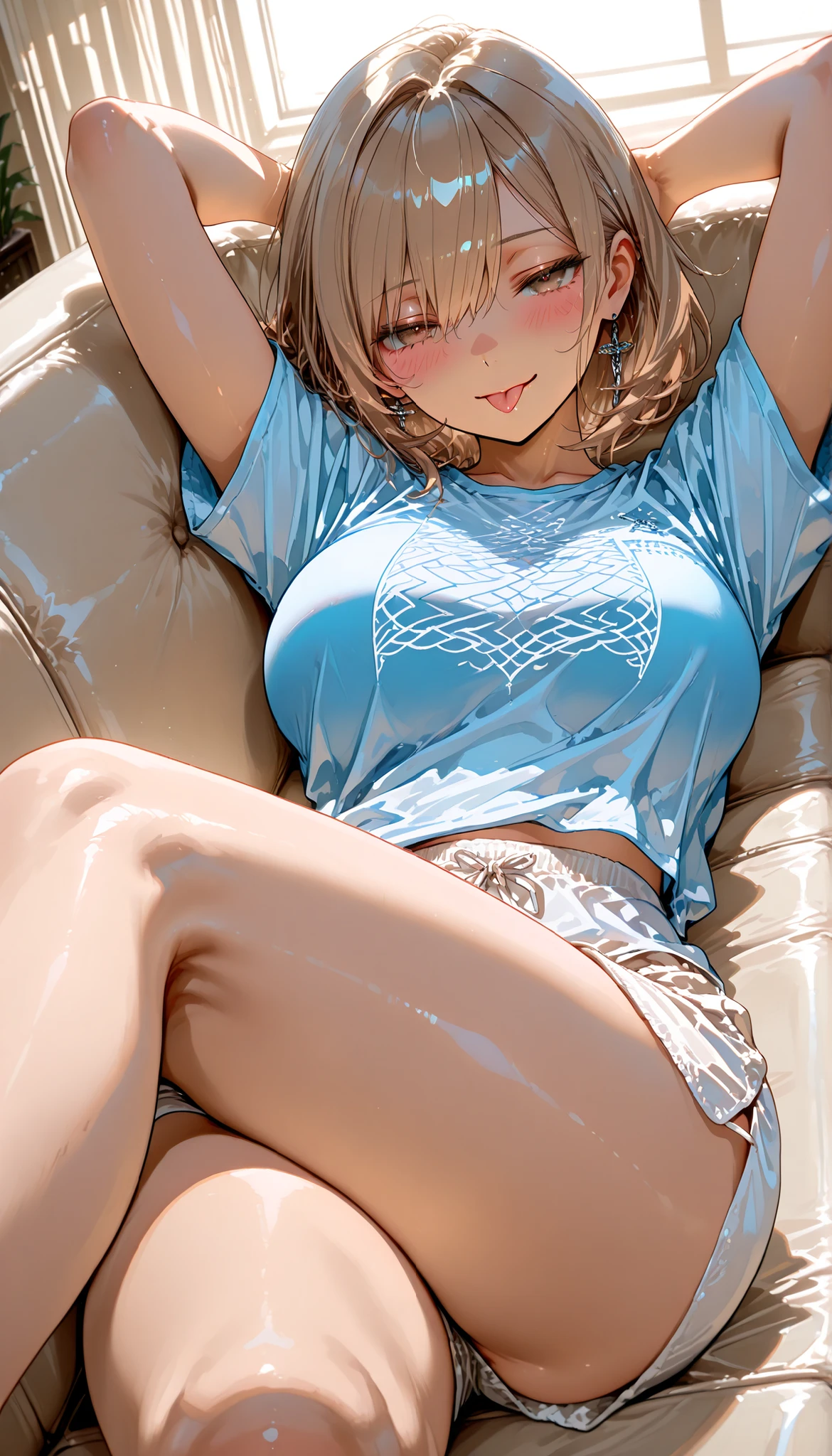 (High resolution)、(Skin Texture:1.4)、(Dark Skin:1.75)、(Spread your legs:1.5)、(Slender sexy gal:1.38)、(orgasm_face:1.4)、(Looking into the camera:1.5)、Perfect breasts(Attractive person:1.2)、(Nasty makeup:1.16)、(eyeliner、mascara、False eyelashes)、(sexy maxi skirt:1.15),(Light blue slutty tunic)、(Bra with ribbon),(Obscene thong:1.25)、(Platform boots:1.1),(Blonde Undercut Hairstyles)、at home