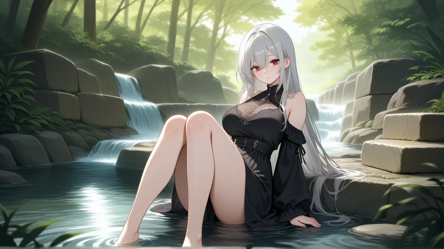 Anime girl. long golden silver hair. golden eyes. partial Nude, massive breasts, Unbuttoned shirt. open shirt. no panties. Legs spread, legs apart. undone hair. loose flowing hair. hair blown in the wind. visible nipples, vagina. sailor fuku uniform. 1girl. alone. outdoors. wet clothing. raining. wet skin. wet hair. laying down. laying on side. full body. stiletto heels