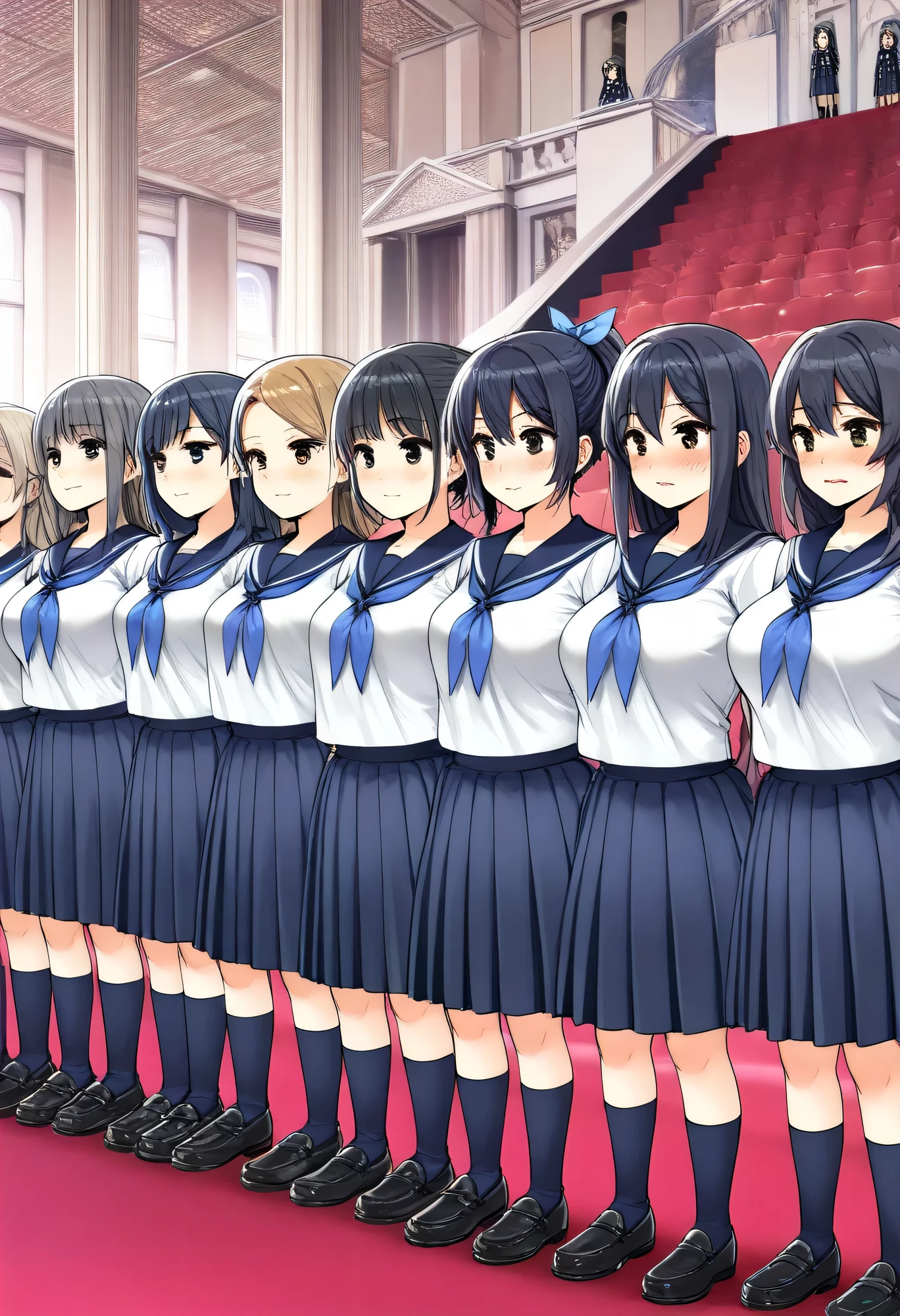 Highest Quality、high resolution、Detailed Background、 detailed expressions 、Detailed description of uniforms、female、Big Breasts、Choir performance、
(The girls' choir is lined up in a row on the stage of a classical auditorium:1.5)、
The girls are all wearing navy blue sailor uniforms、The three white lines fit neatly into the collar and sleeves, and a pale sky blue ribbon is carefully tied at the front、Their skirts are plain navy blue with pleats、They are wearing black loafers and navy blue knee-high socks、Their hair is tied up in a neat ponytail with black or navy blue elastic bands, giving them a clean, streamlined look、Their sailor collars fall straight down along their spines、Their scarves flutter gently with each breath、A sense of serenity like the surface of water flows across the entire stage、The shape of their uniforms seems to emulate the order of the music、Every time their voices echo through the air、The elegance of their sailor uniforms is further accentuated、embarrassed expression、blushes、cute