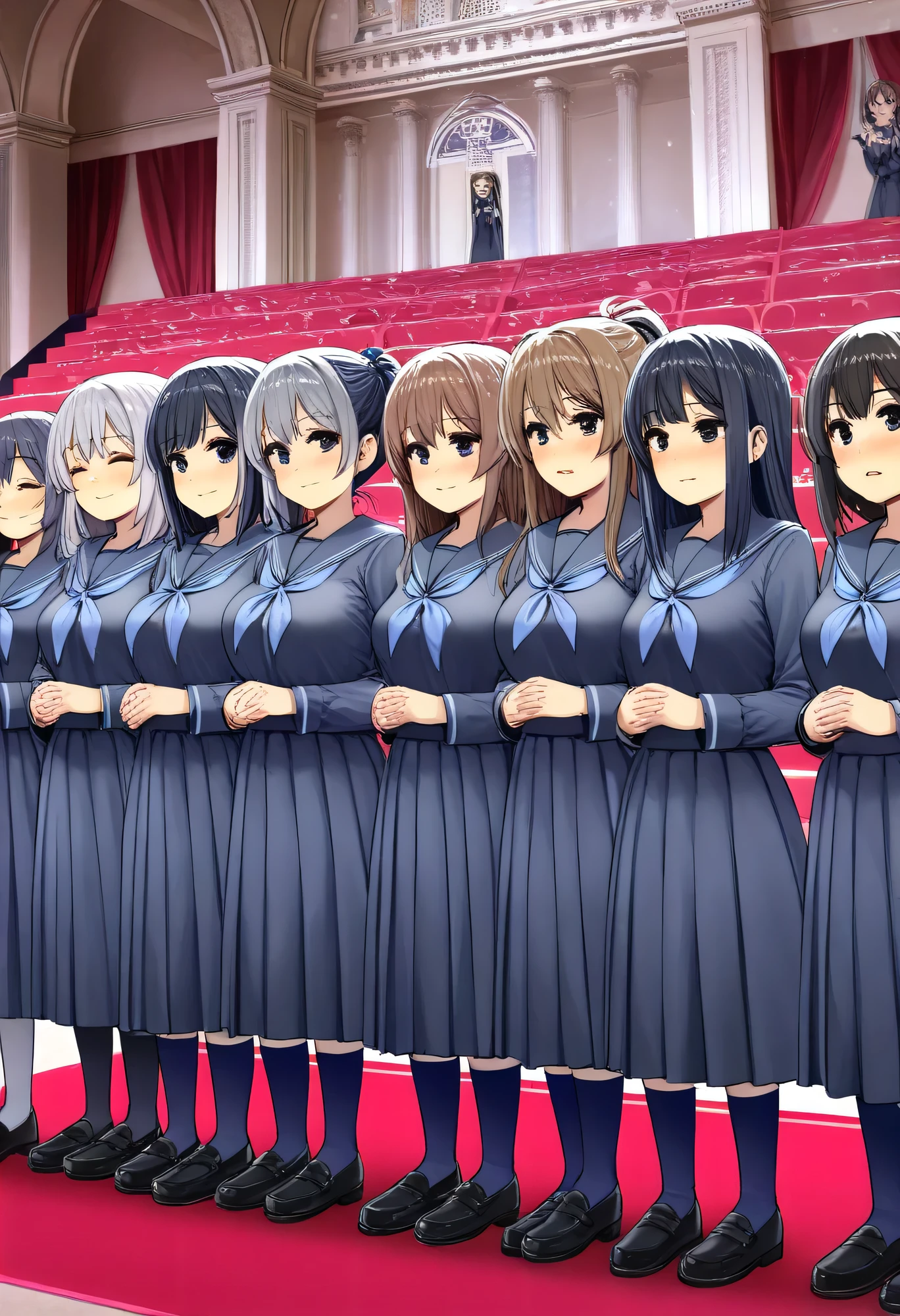 Highest Quality、high resolution、Detailed Background、 detailed expressions 、Detailed description of uniforms、female、Big Breasts、Choir performance、
(The girls' choir is lined up in a row on the stage of a classical auditorium:1.5)、
The girls are all wearing navy blue sailor uniforms、The three white lines fit neatly into the collar and sleeves, and a pale sky blue ribbon is carefully tied at the front、Their skirts are plain navy blue with pleats、They are wearing black loafers and navy blue knee-high socks、Their hair is tied up in a neat ponytail with black or navy blue elastic bands, giving them a clean, streamlined look、Their sailor collars fall straight down along their spines、Their scarves flutter gently with each breath、A sense of serenity like the surface of water flows across the entire stage、The shape of their uniforms seems to emulate the order of the music、Every time their voices echo through the air、The elegance of their sailor uniforms is further accentuated、embarrassed expression、blushes、cute
